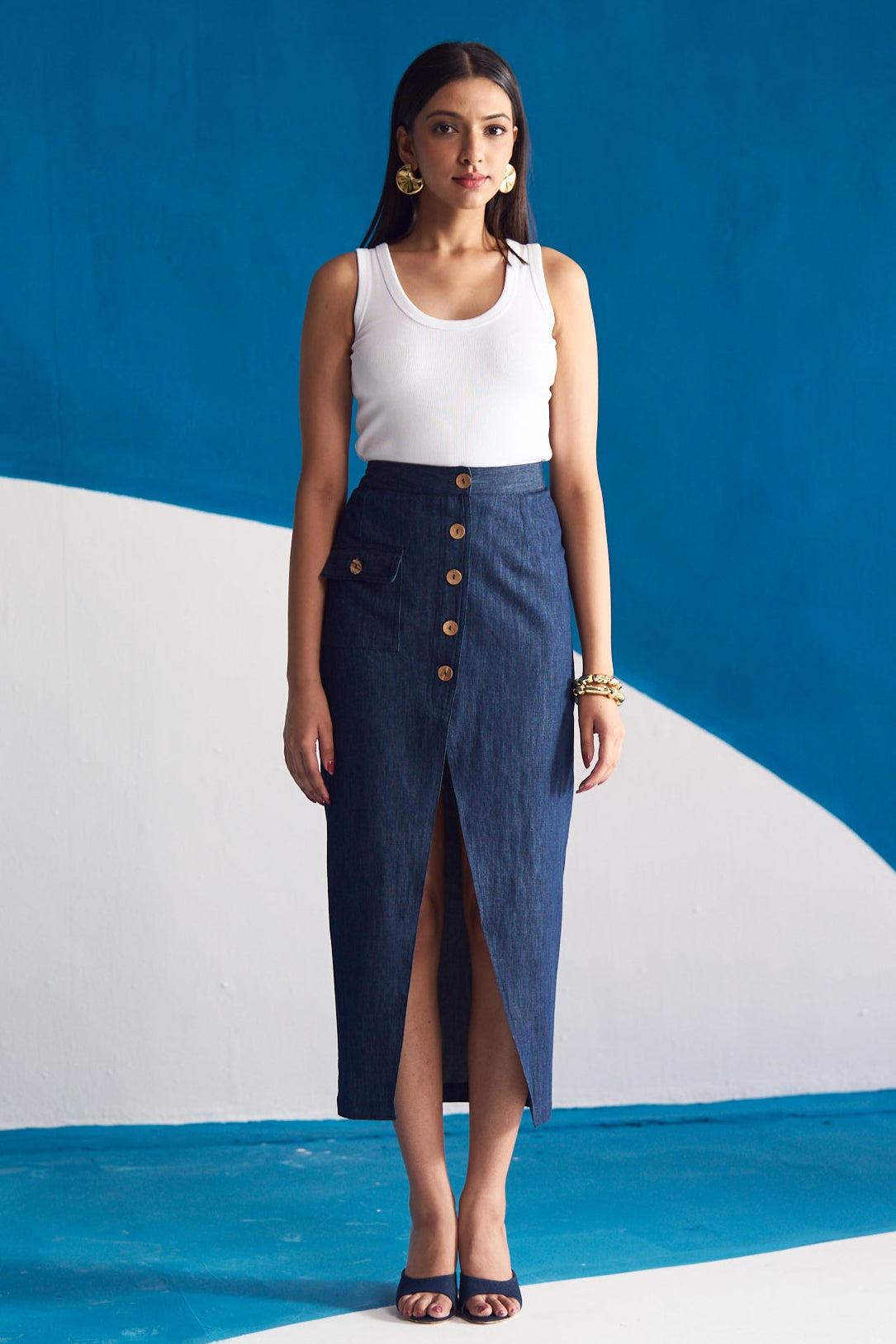 Indigo Row Buttoned Midi Skirt