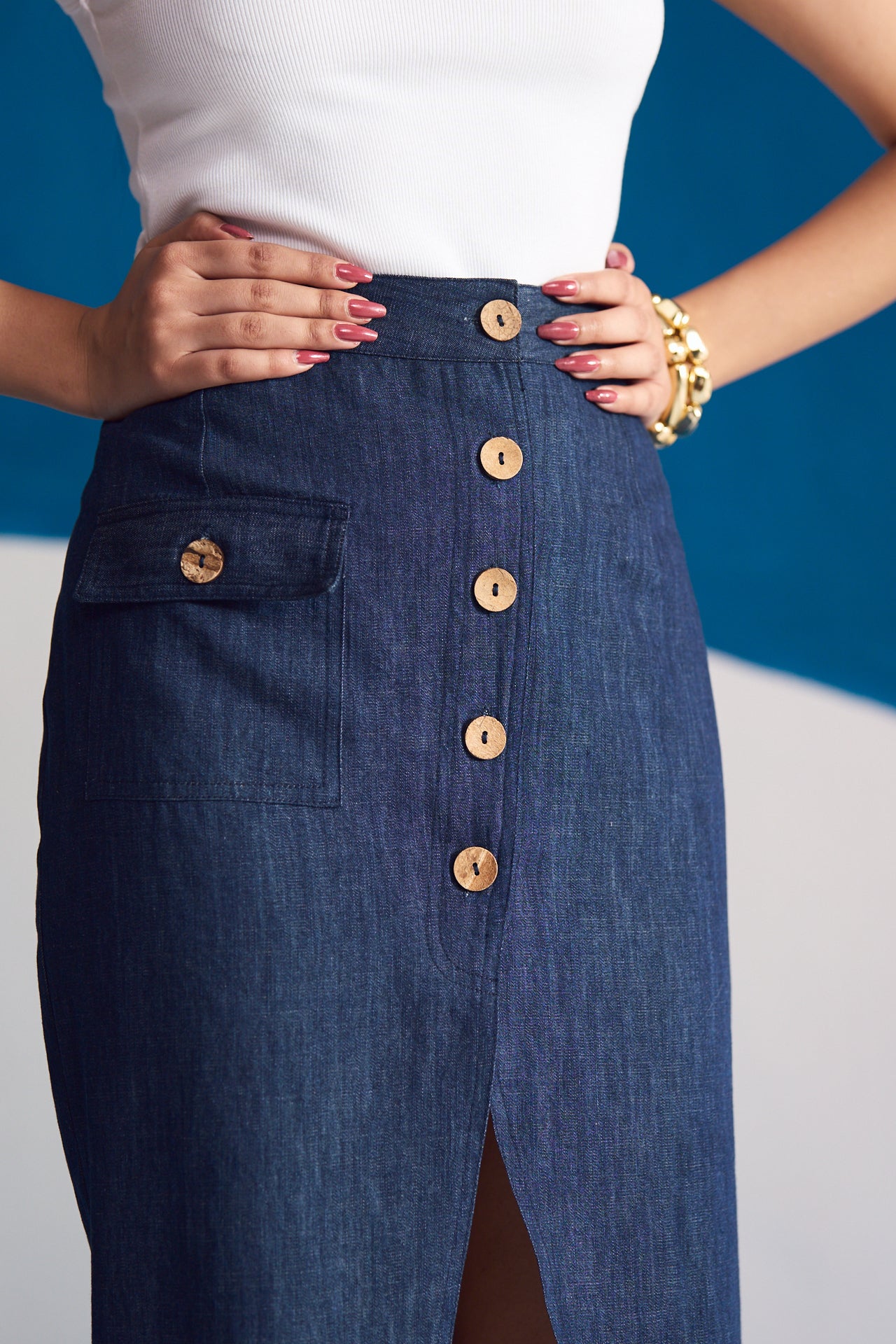Indigo Row Buttoned Midi Skirt
