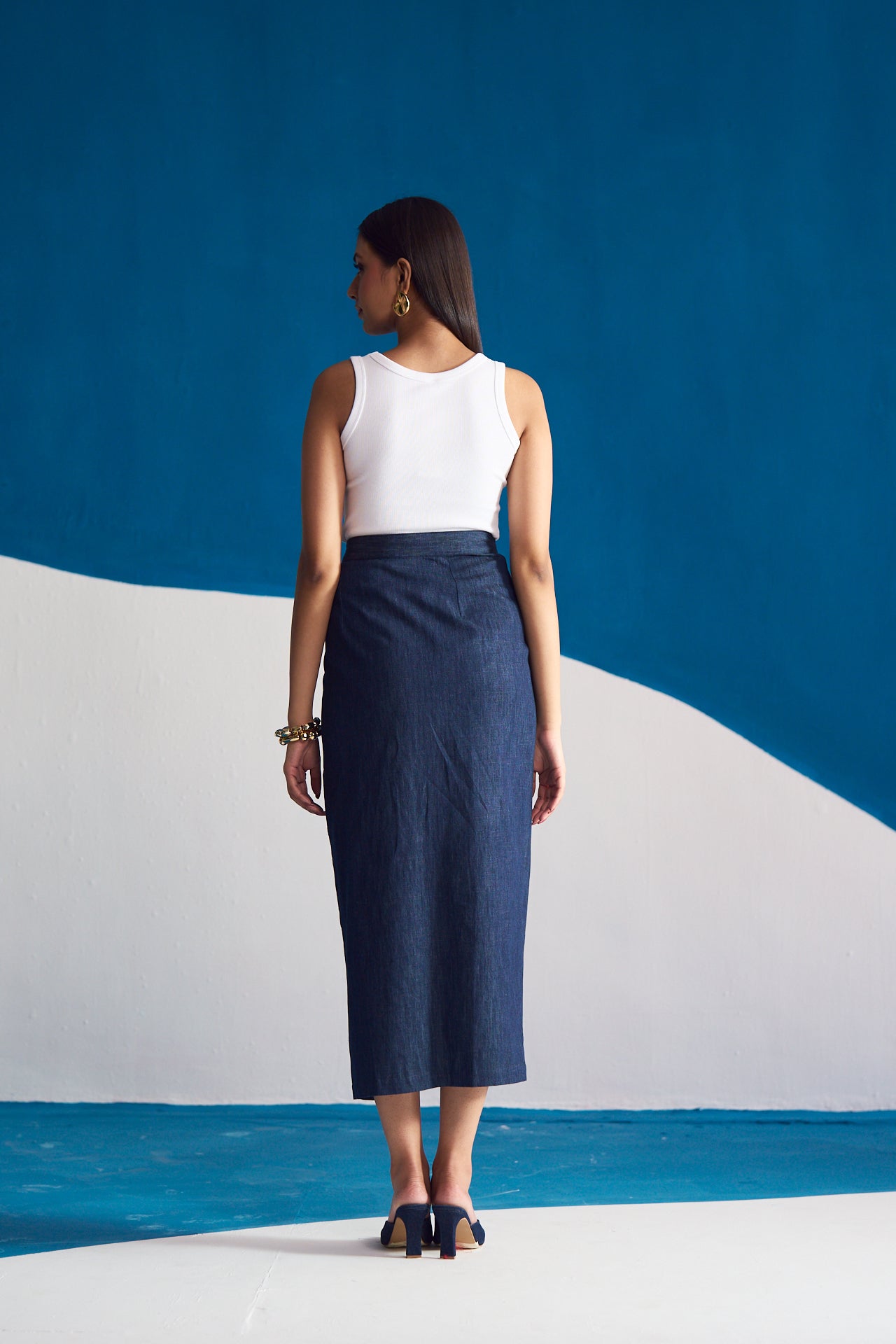 Indigo Row Buttoned Midi Skirt