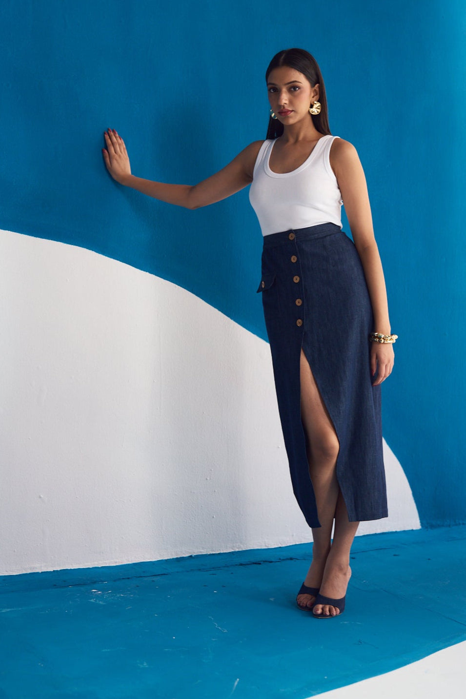 Indigo Row Buttoned Midi Skirt