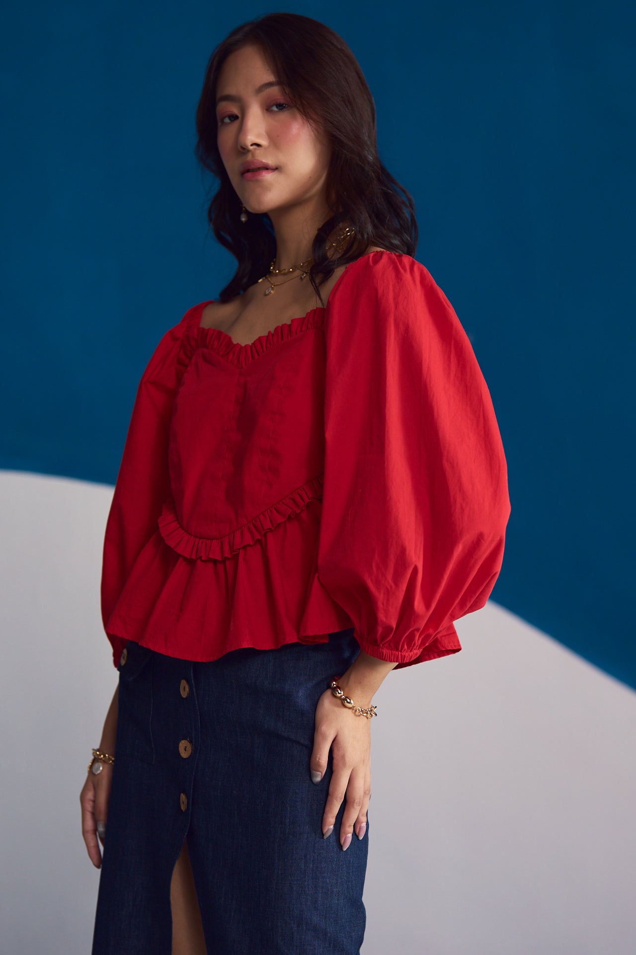 Rosso Ruffle-Trimmed Peplum Top