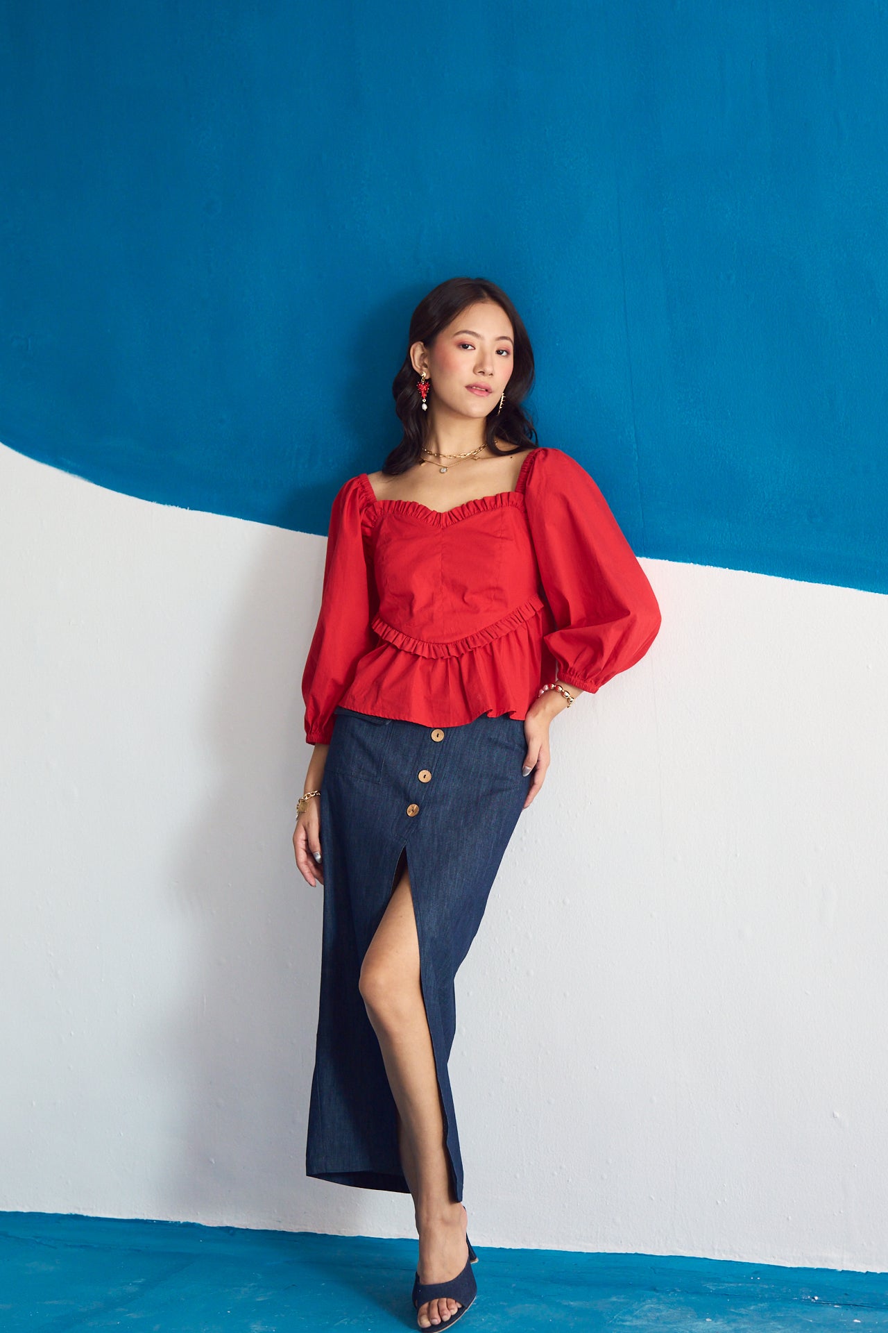 Rosso Ruffle-Trimmed Peplum Top