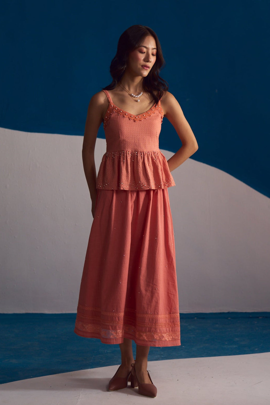 Coral Blossom Hand-Embroidered Co-Ord Set