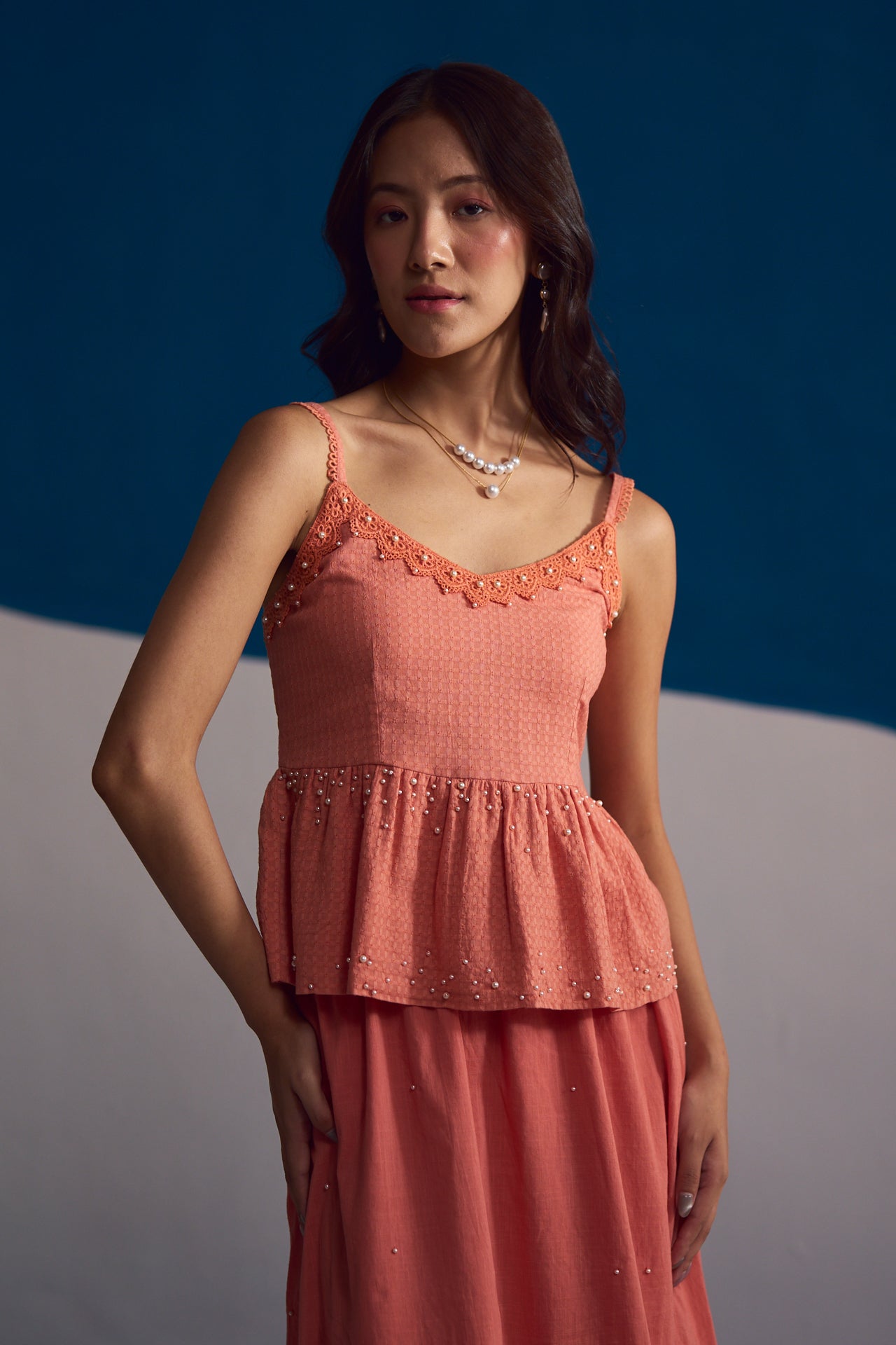Coral Blossom Hand-Embroidered Co-Ord Set