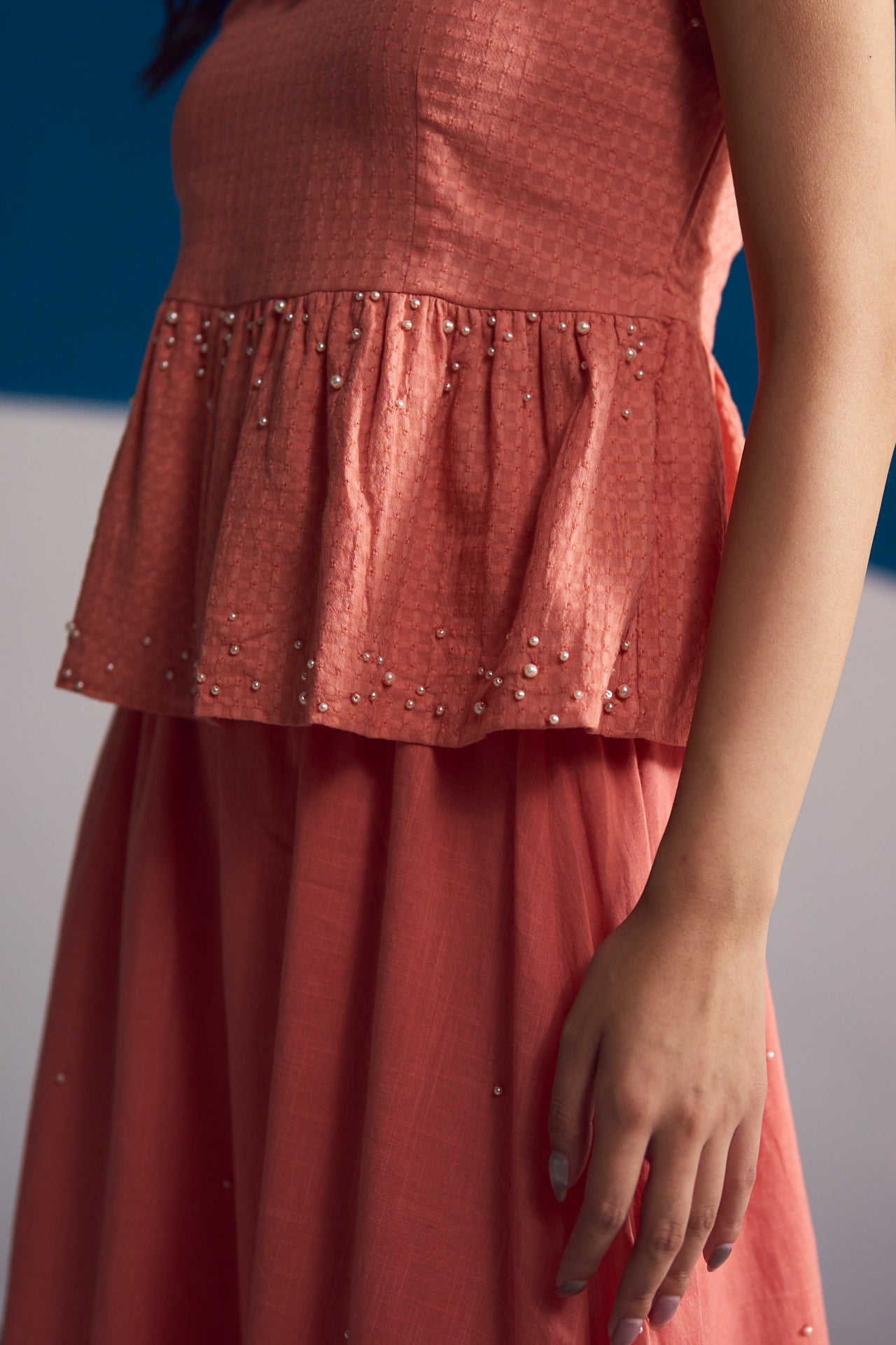 Coral Blossom Hand-Embroidered Co-Ord Set