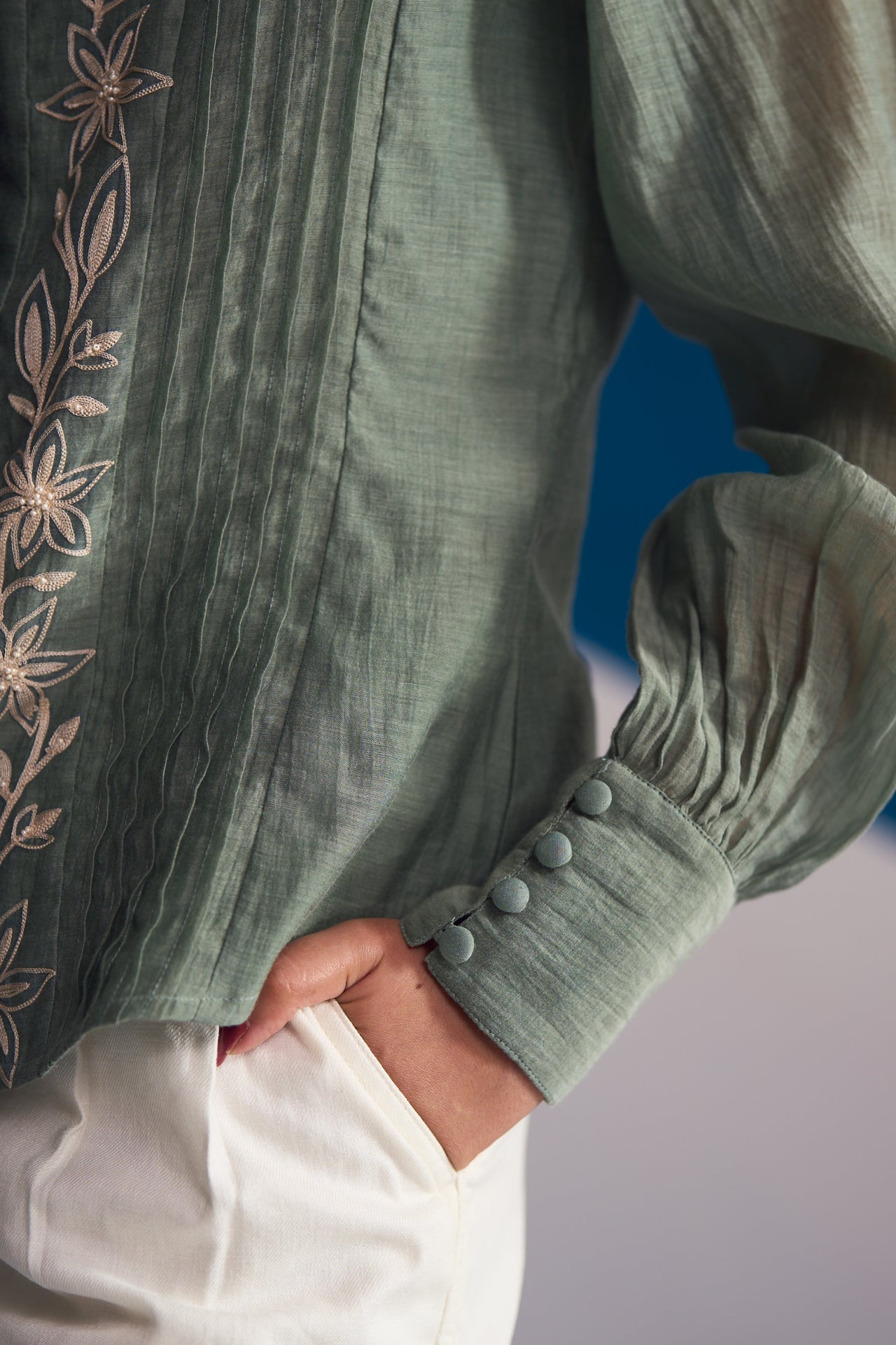 Olive Bloom Embroidered Shirt