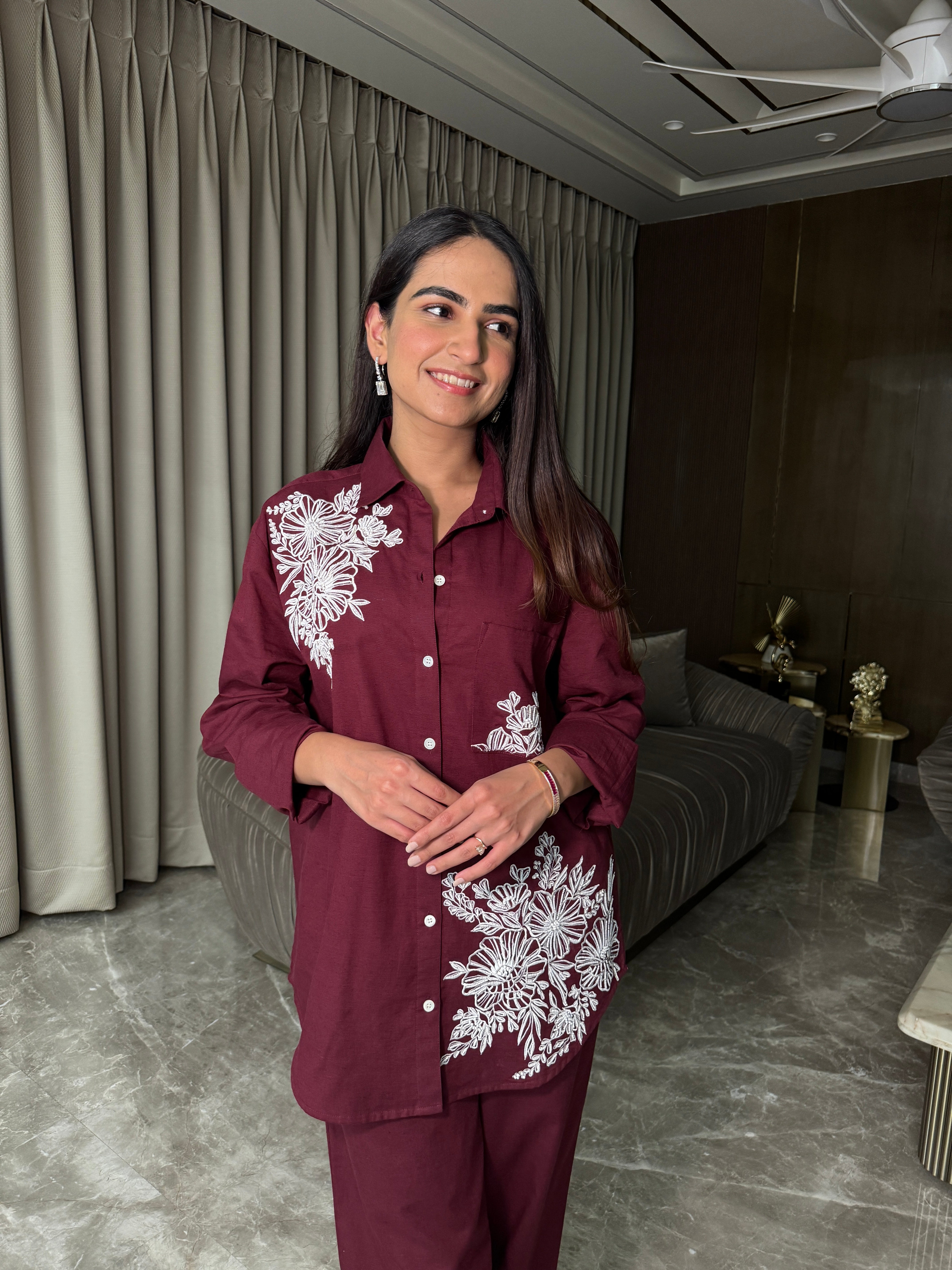 Wine Blossom Embroidered Coord Set