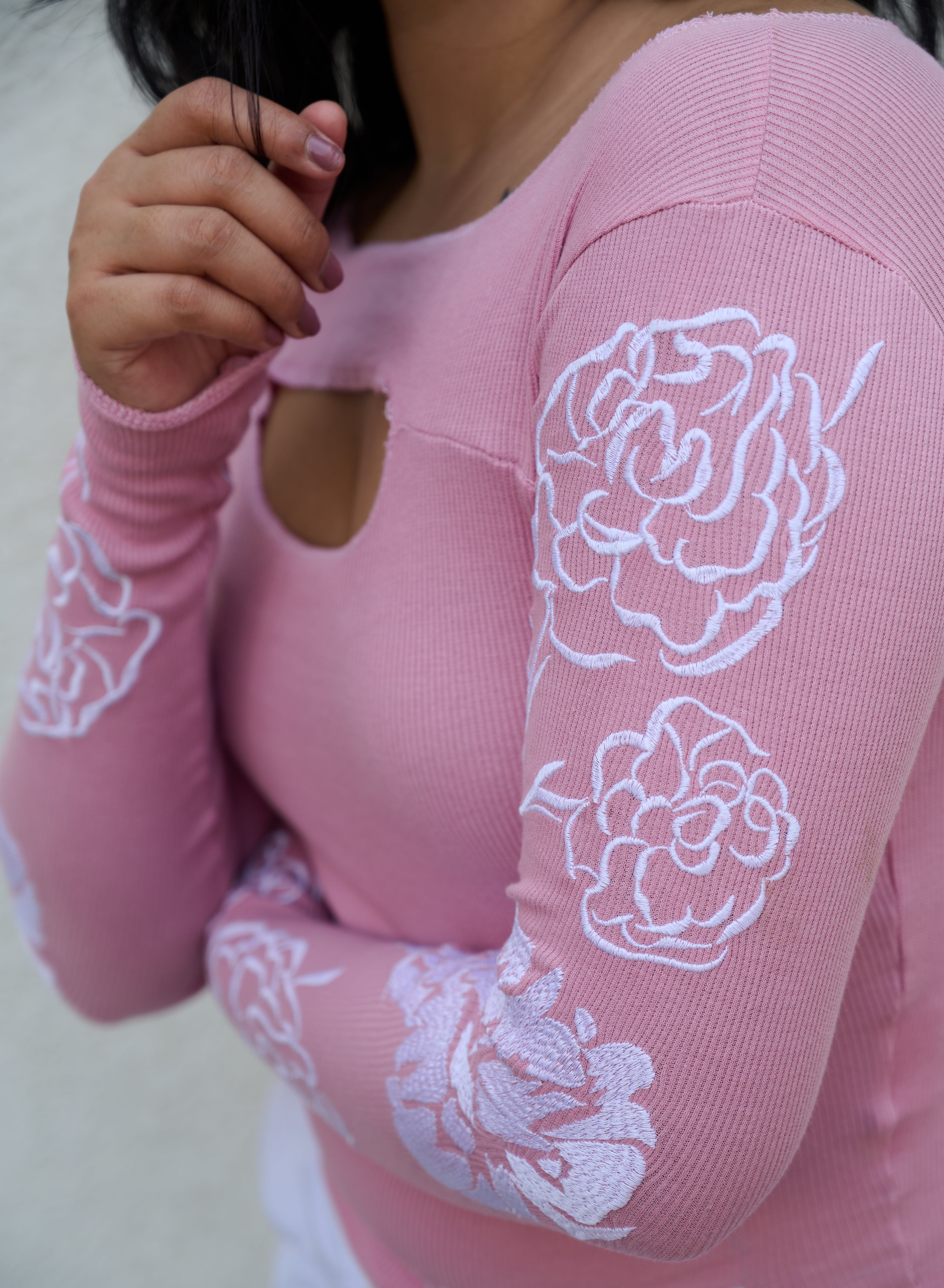 Carnation Pink Top- Sleeve Embroidery