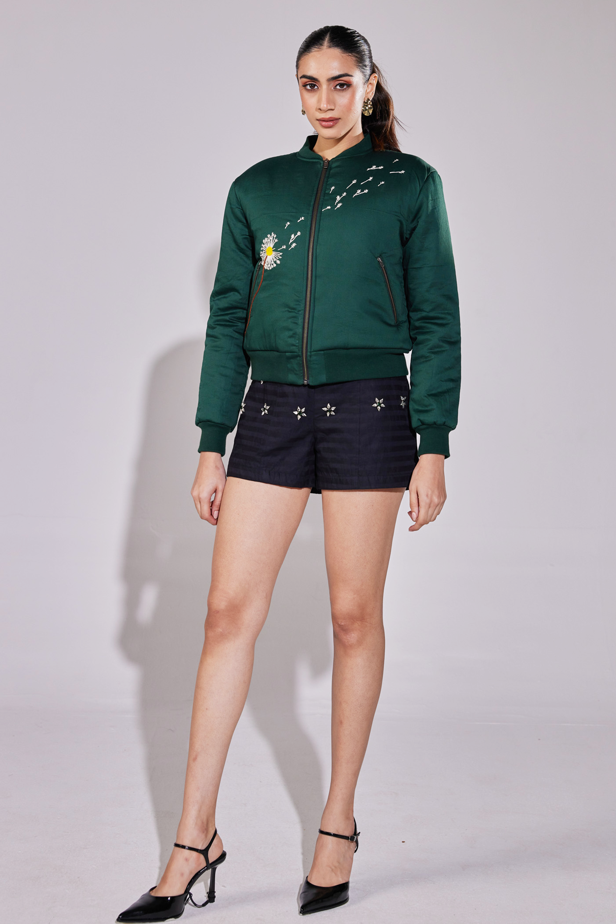 Hand Embroidered Dandelion Bomber Jacket