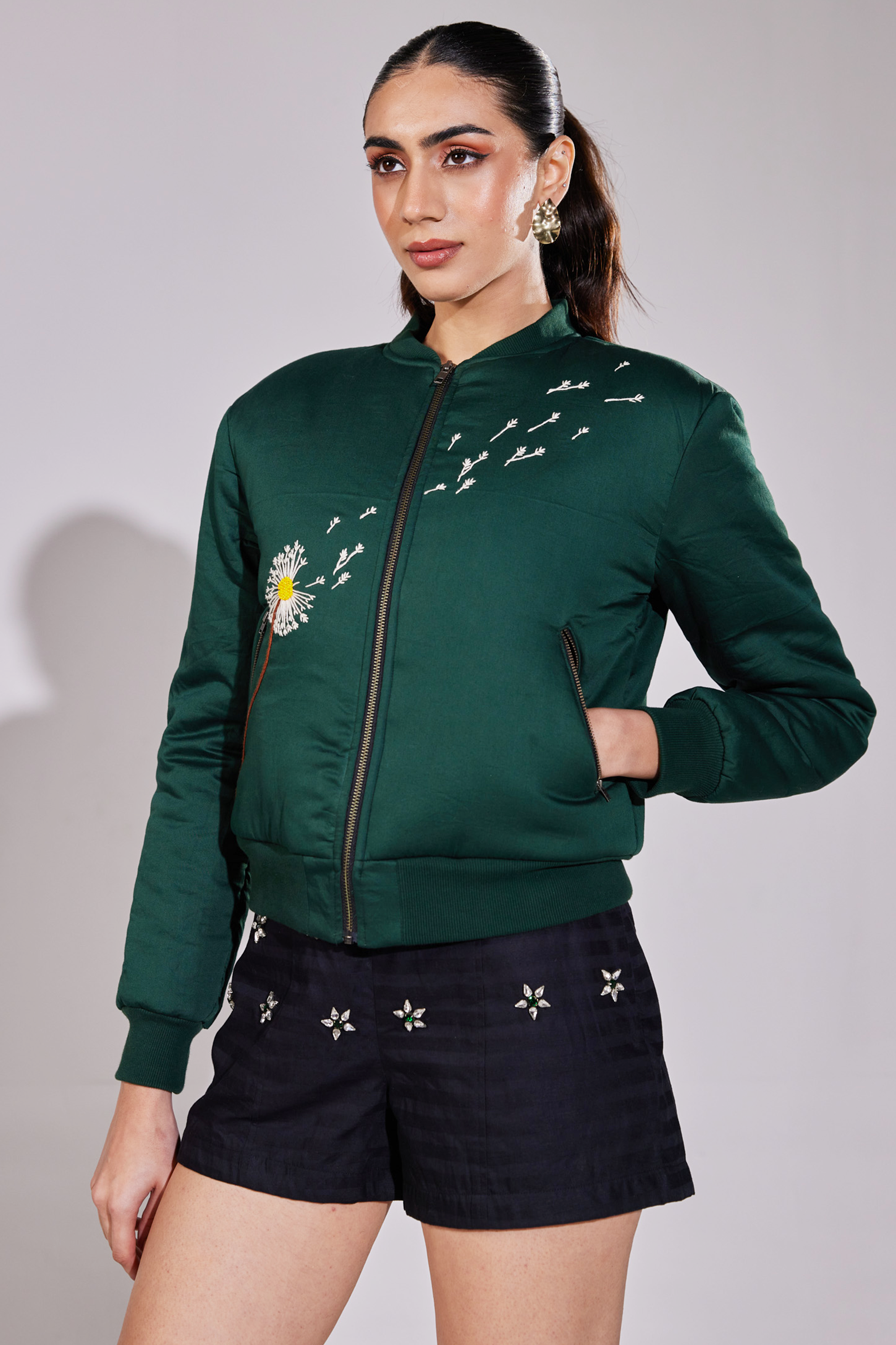 Hand Embroidered Dandelion Bomber Jacket