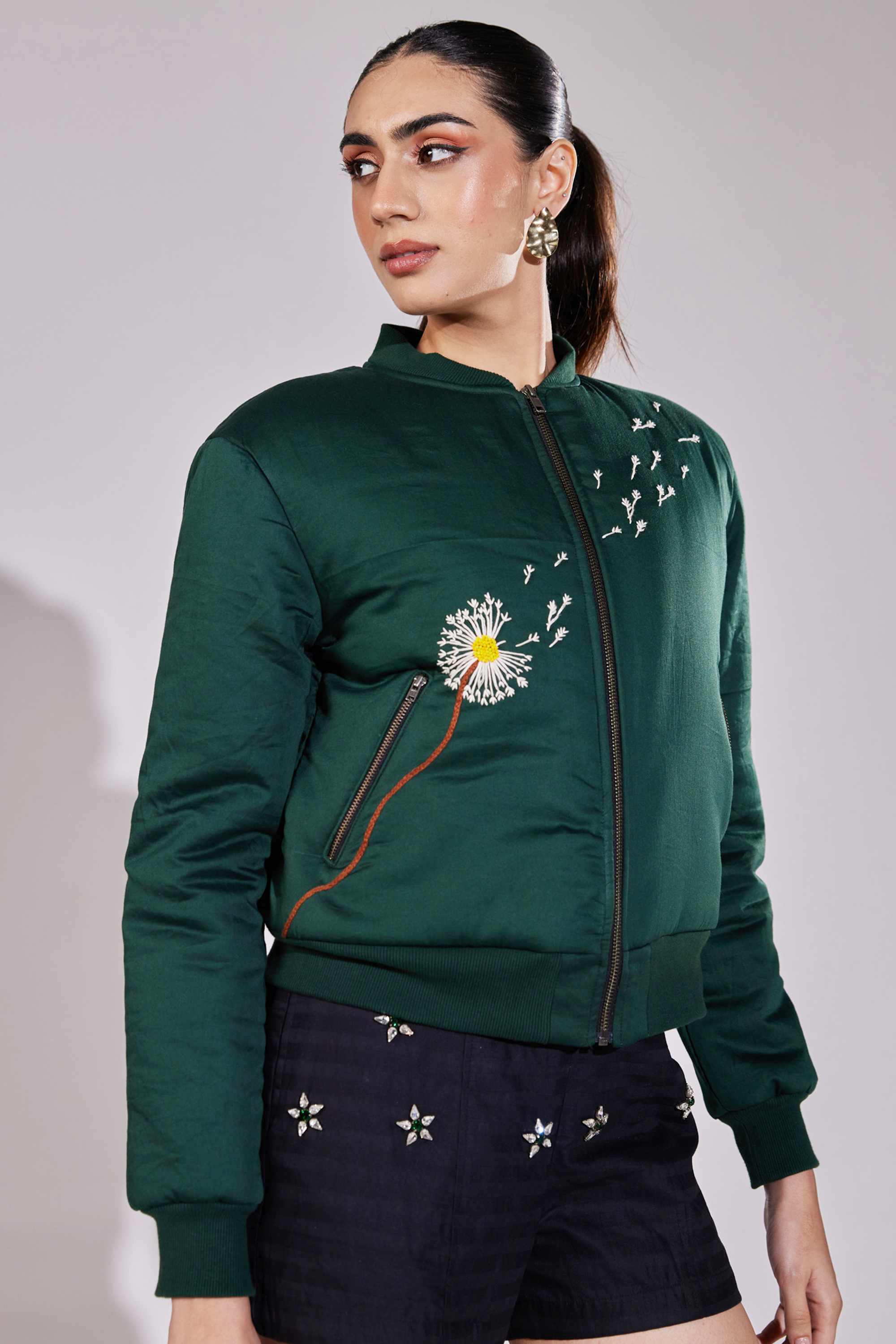 Hand Embroidered Dandelion Bomber Jacket