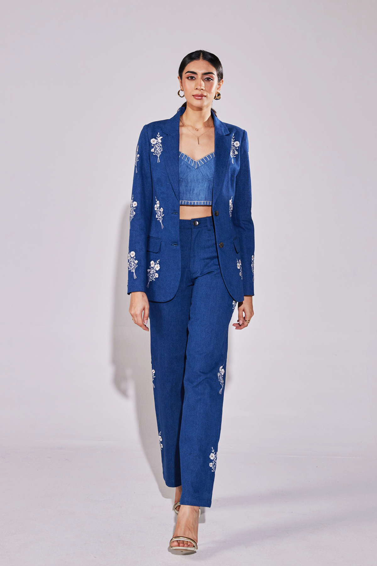 Embroidered Bouquet Denim Blazer