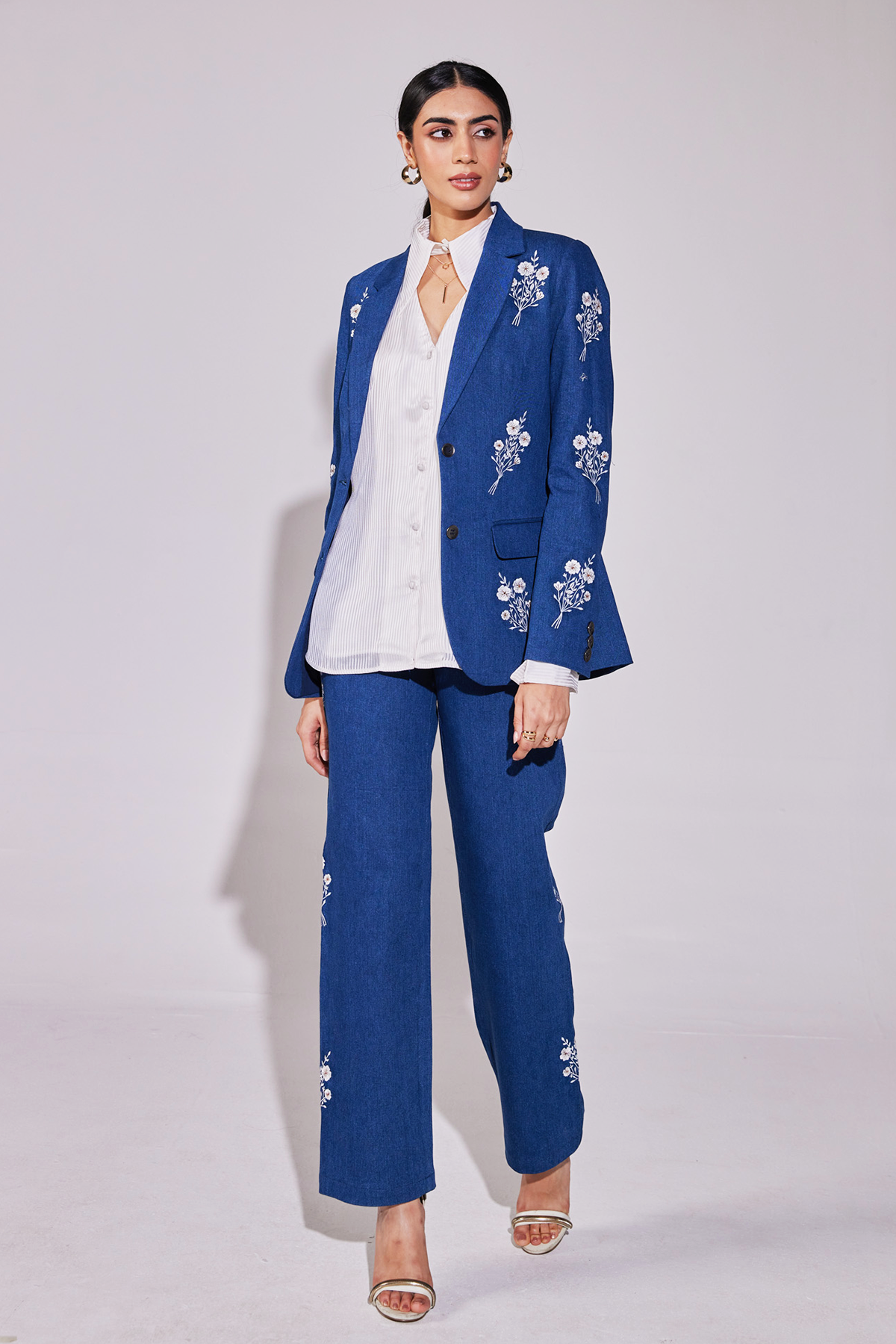 Embroidered Bouquet Denim Suit (Blazer and Pants)