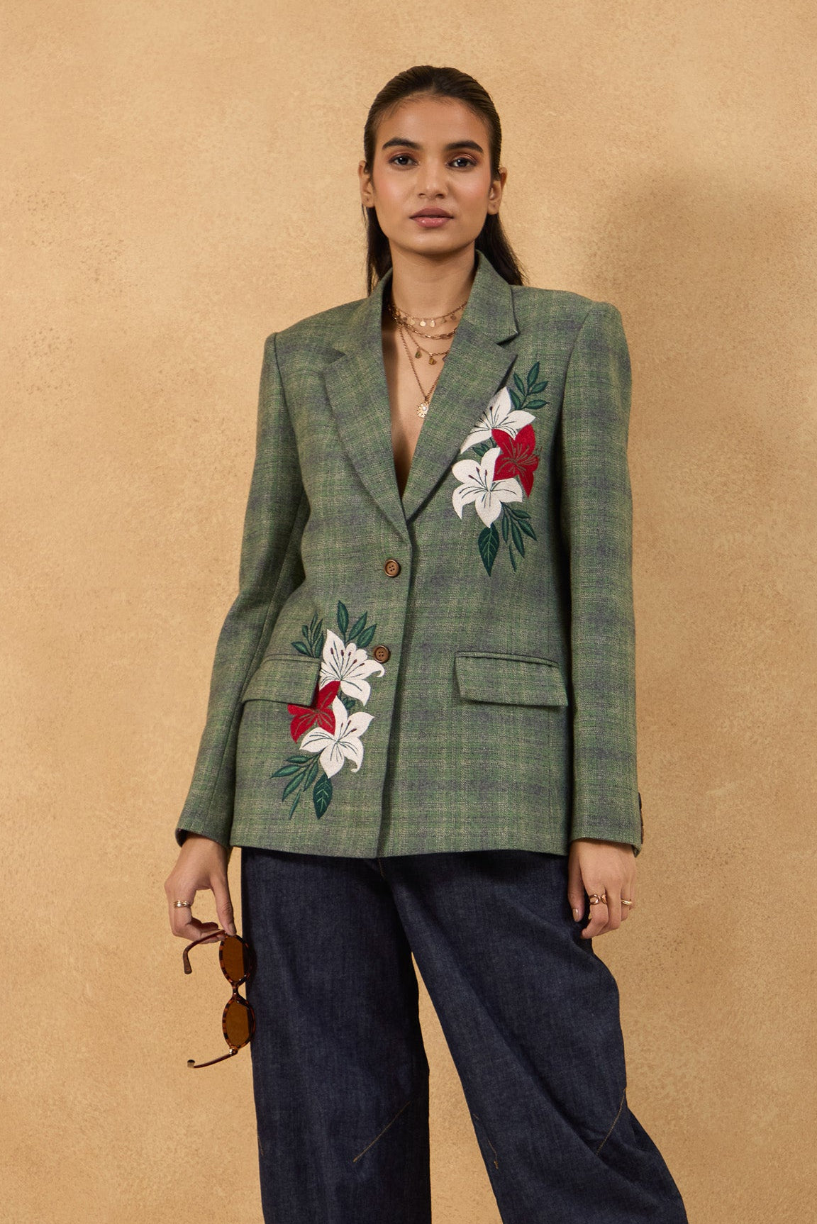 Emerald Wool Embroidered Blazer