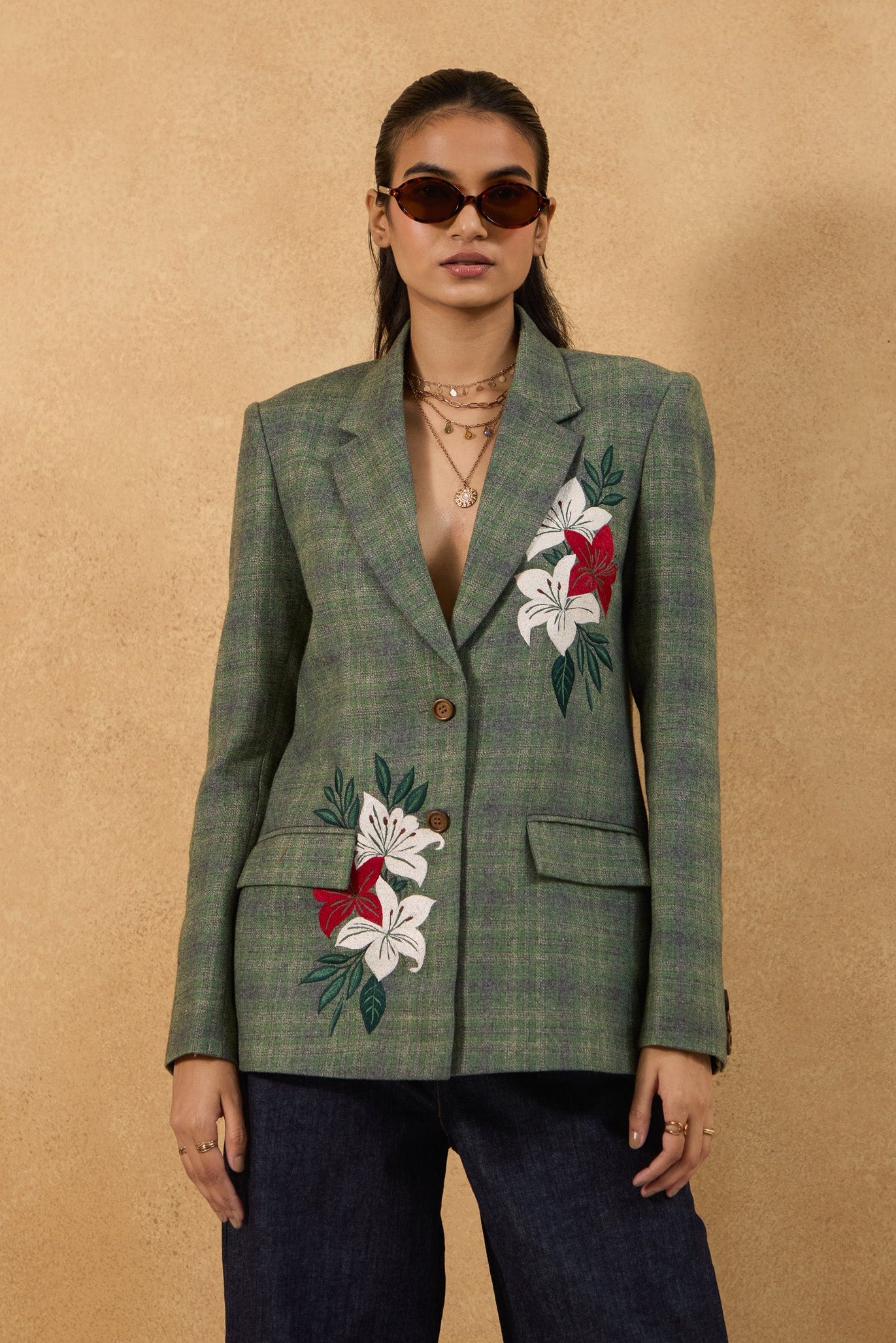 Emerald Wool Embroidered Blazer