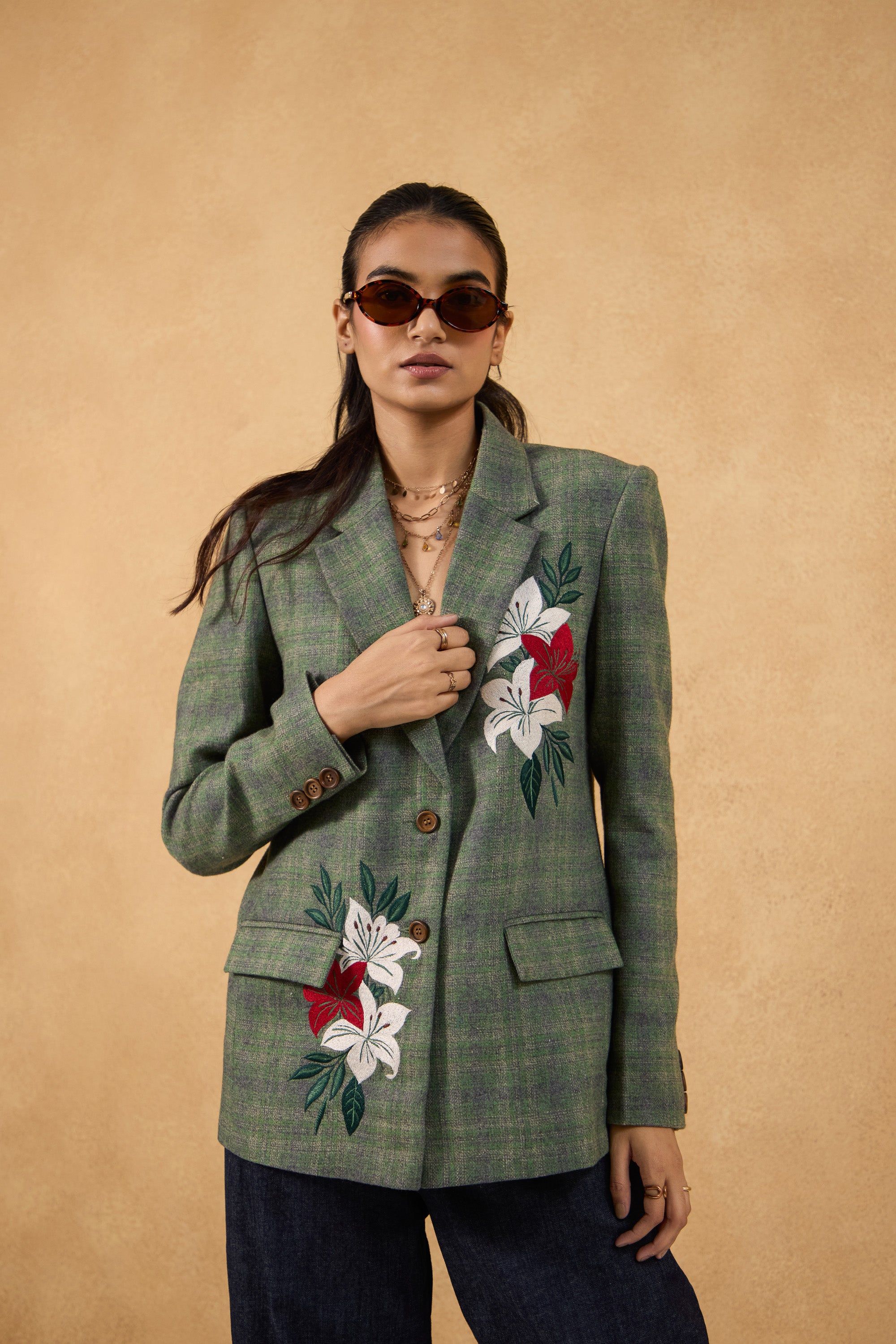 Emerald Wool Embroidered Blazer