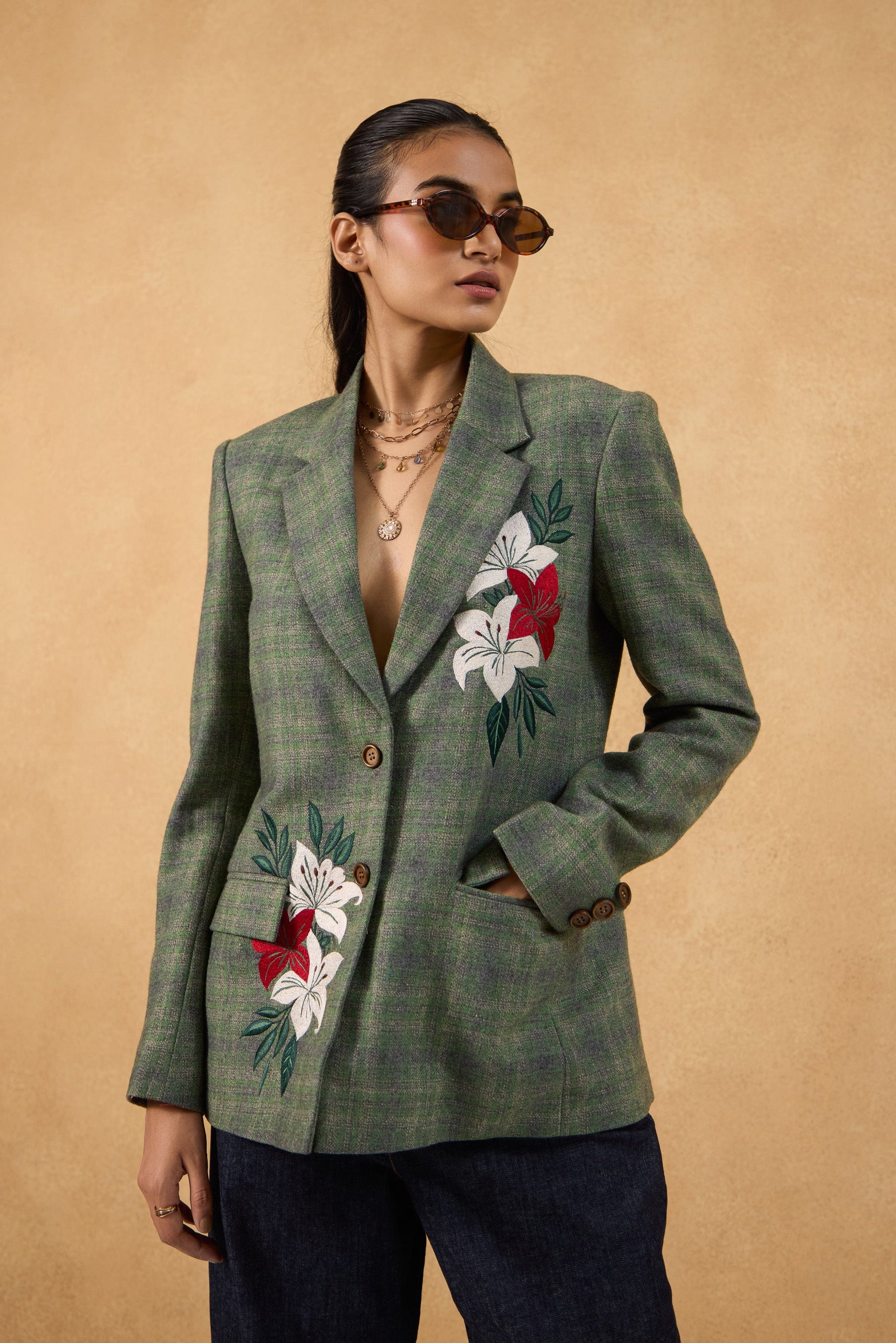 Emerald Wool Embroidered Blazer