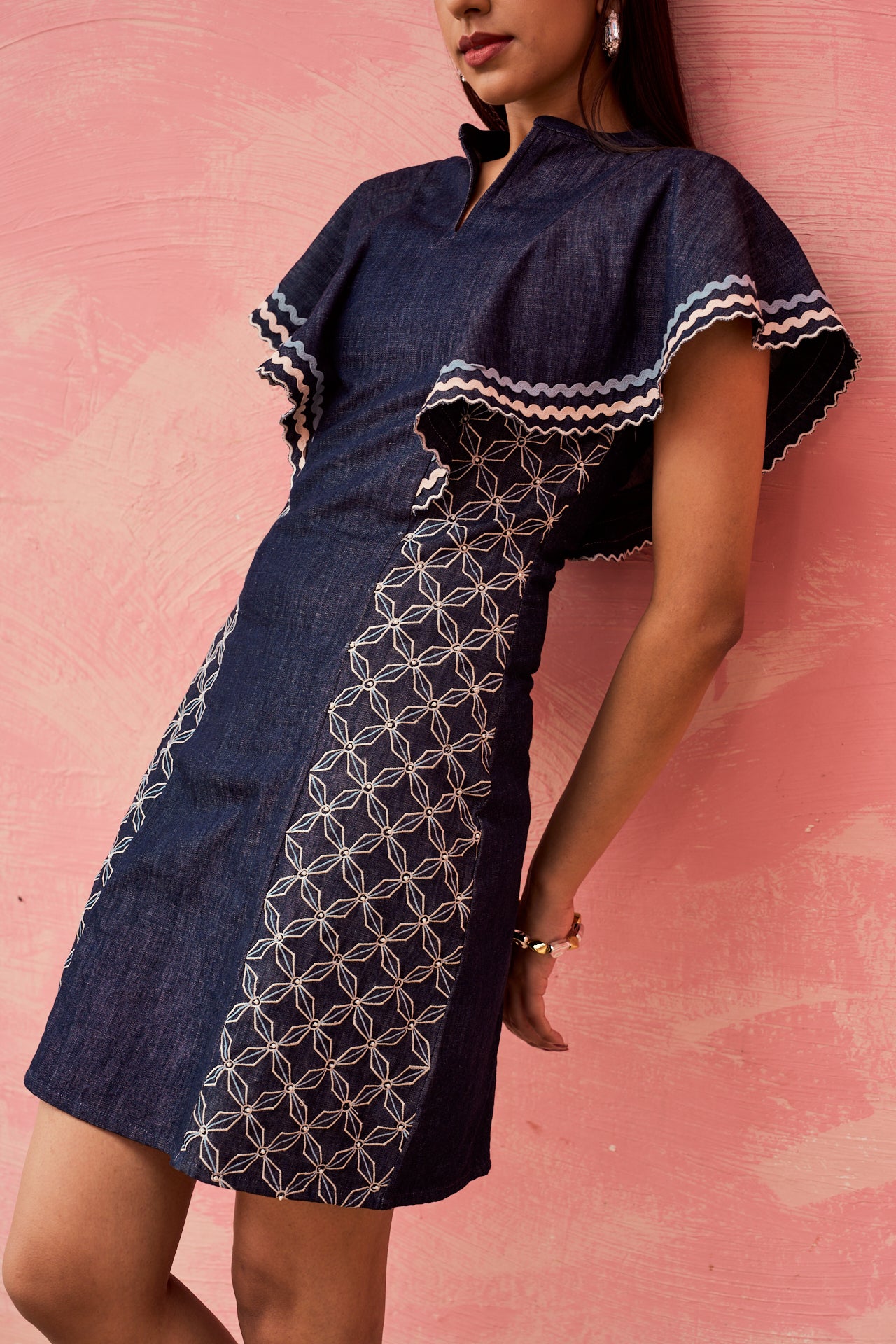 Pearl-Lace Sculpted Denim Dress