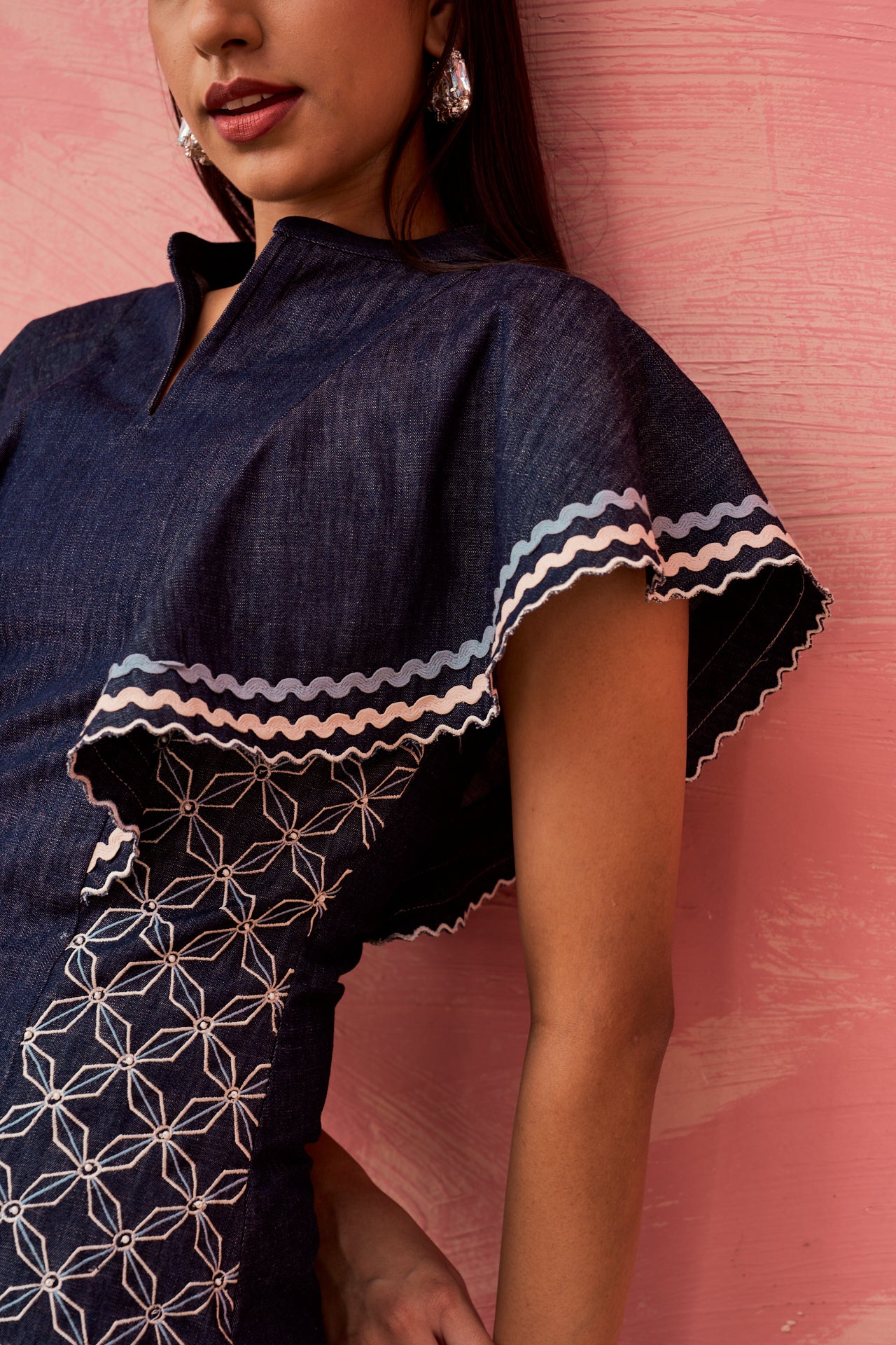 Pearl-Lace Sculpted Denim Dress