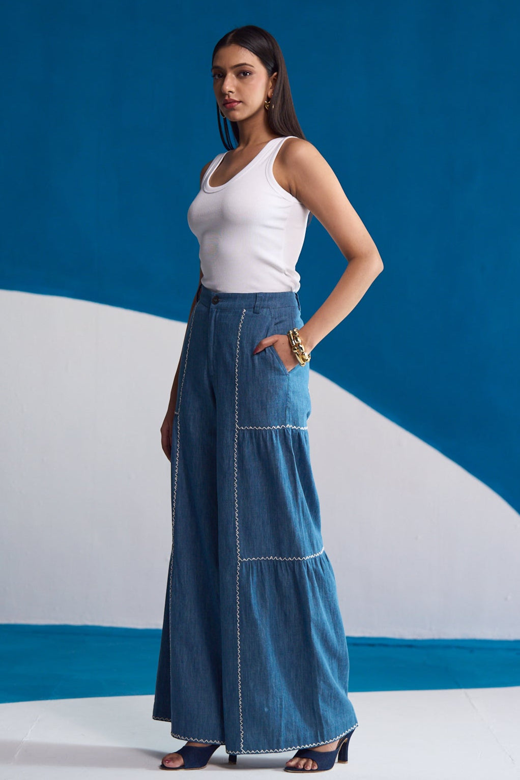 Wave-Stitch Flared Denim Trousers
