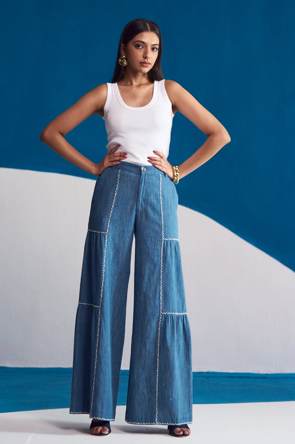 Wave-Stitch Flared Denim Trousers
