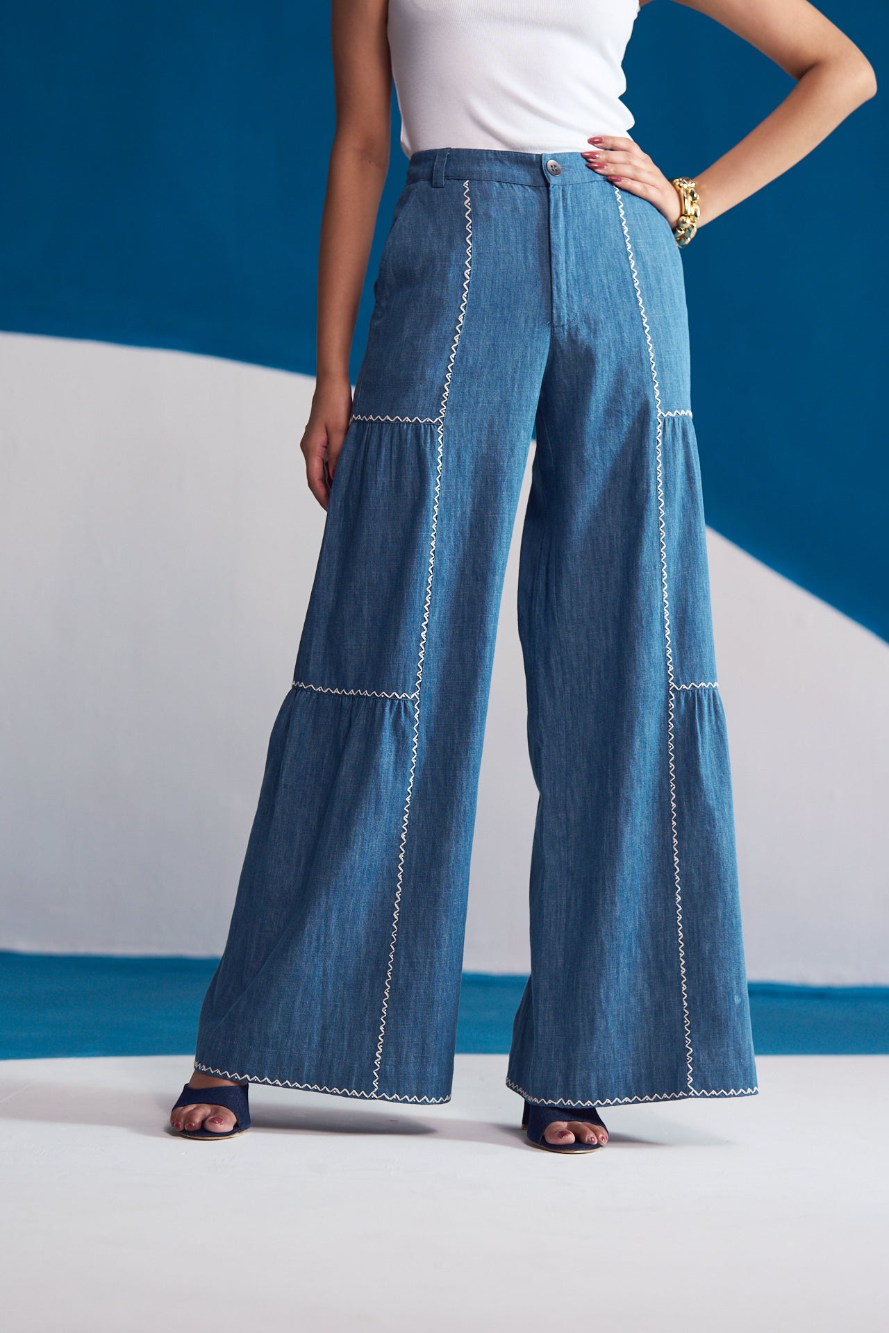 Wave-Stitch Flared Denim Trousers