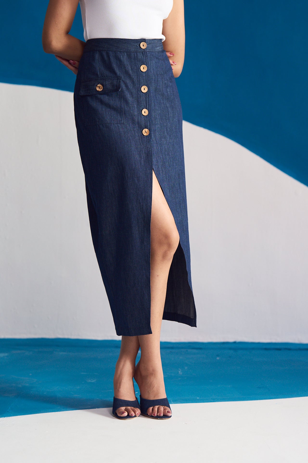 Indigo Row Buttoned Midi Skirt