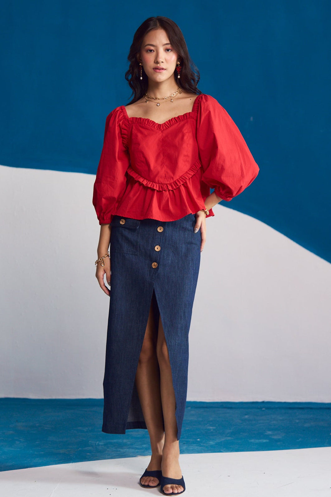 Rosso Ruffle-Trimmed Peplum Top