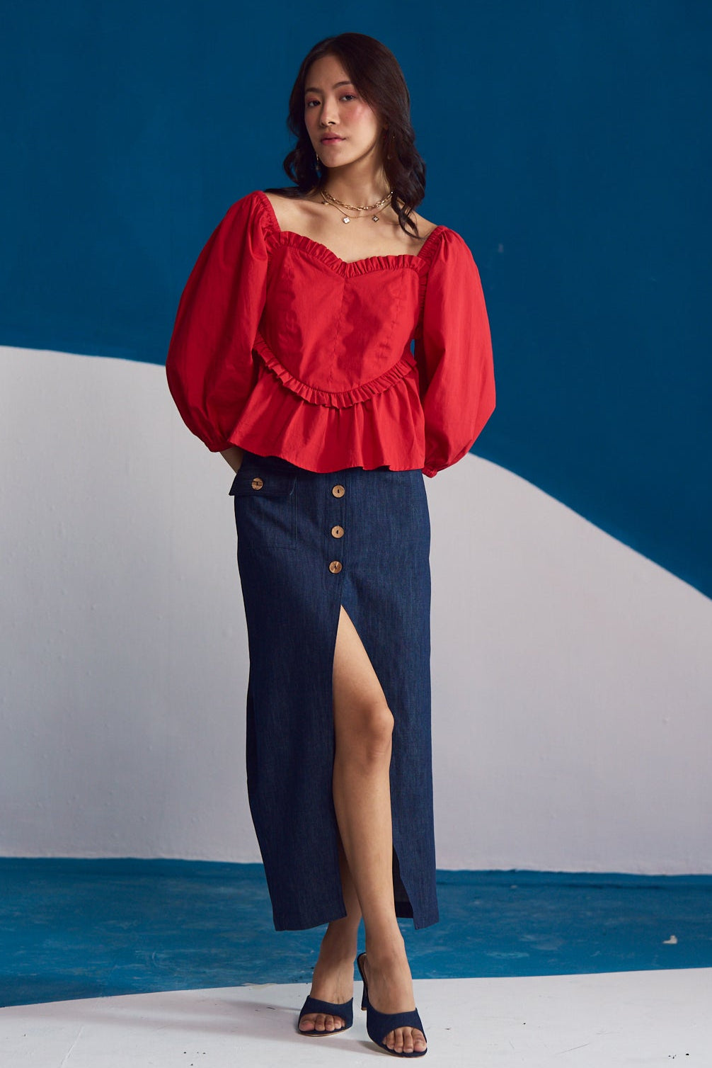 Rosso Ruffle-Trimmed Peplum Top