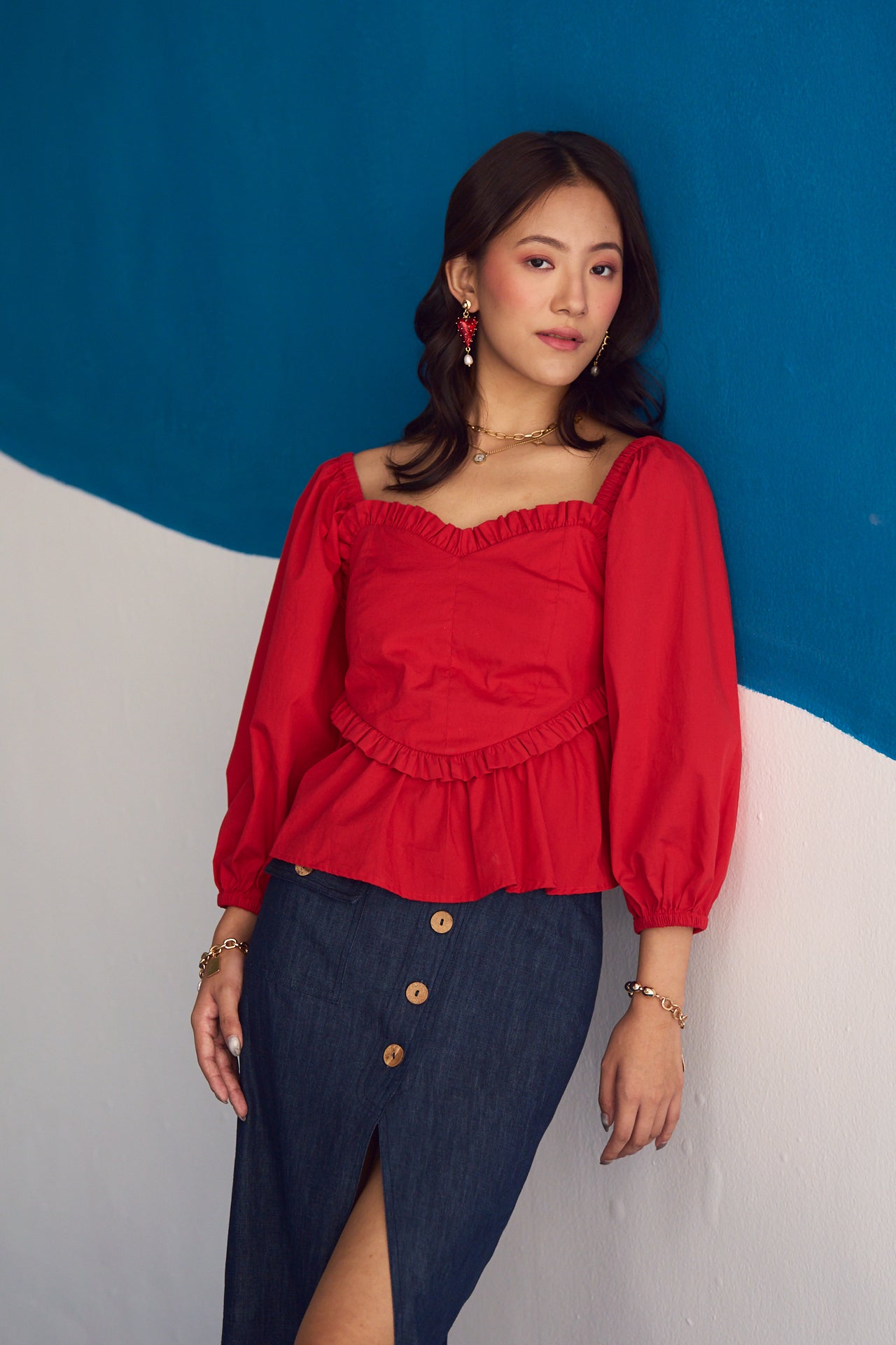 Rosso Ruffle-Trimmed Peplum Top