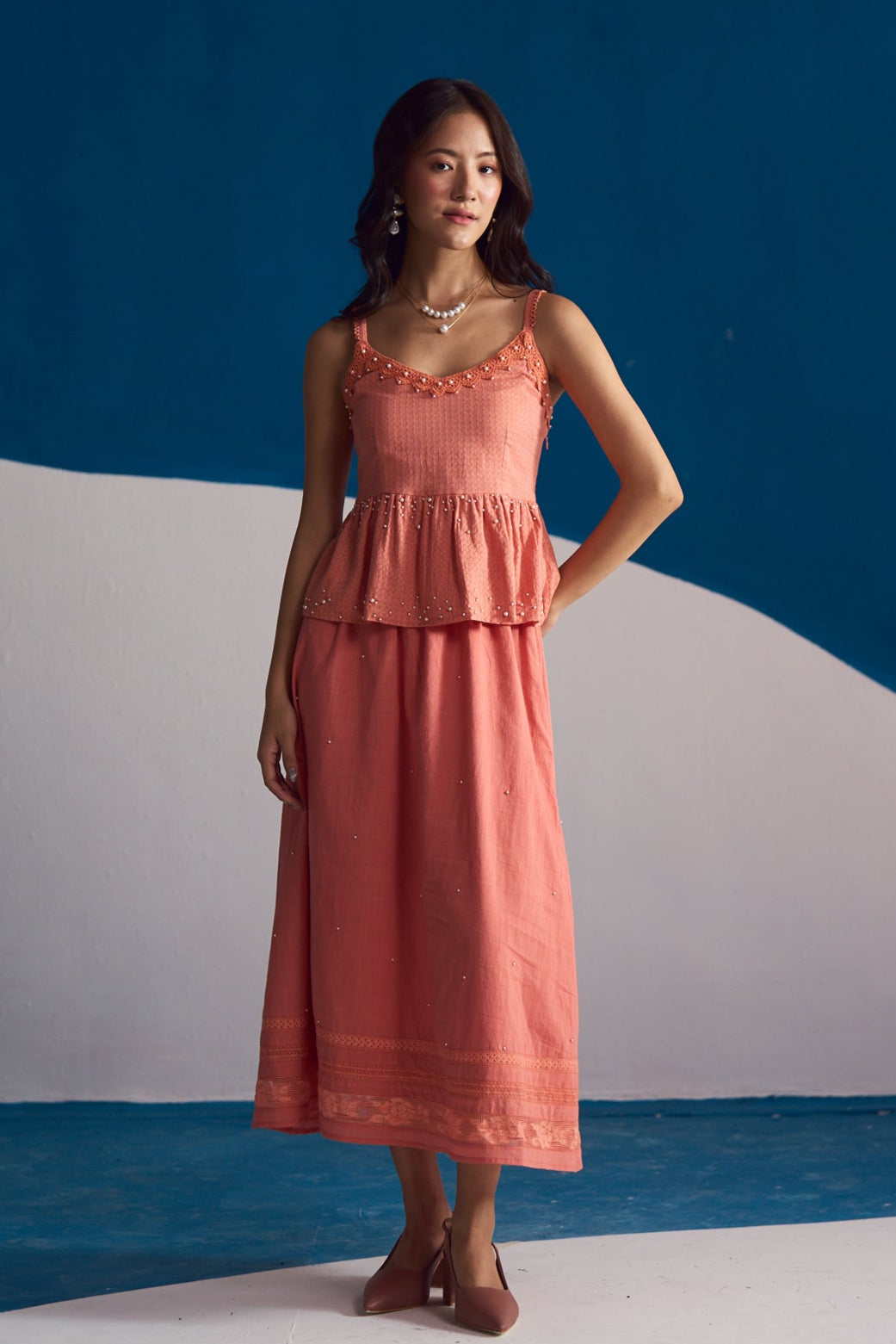 Coral Blossom Hand-Embroidered Co-Ord Set