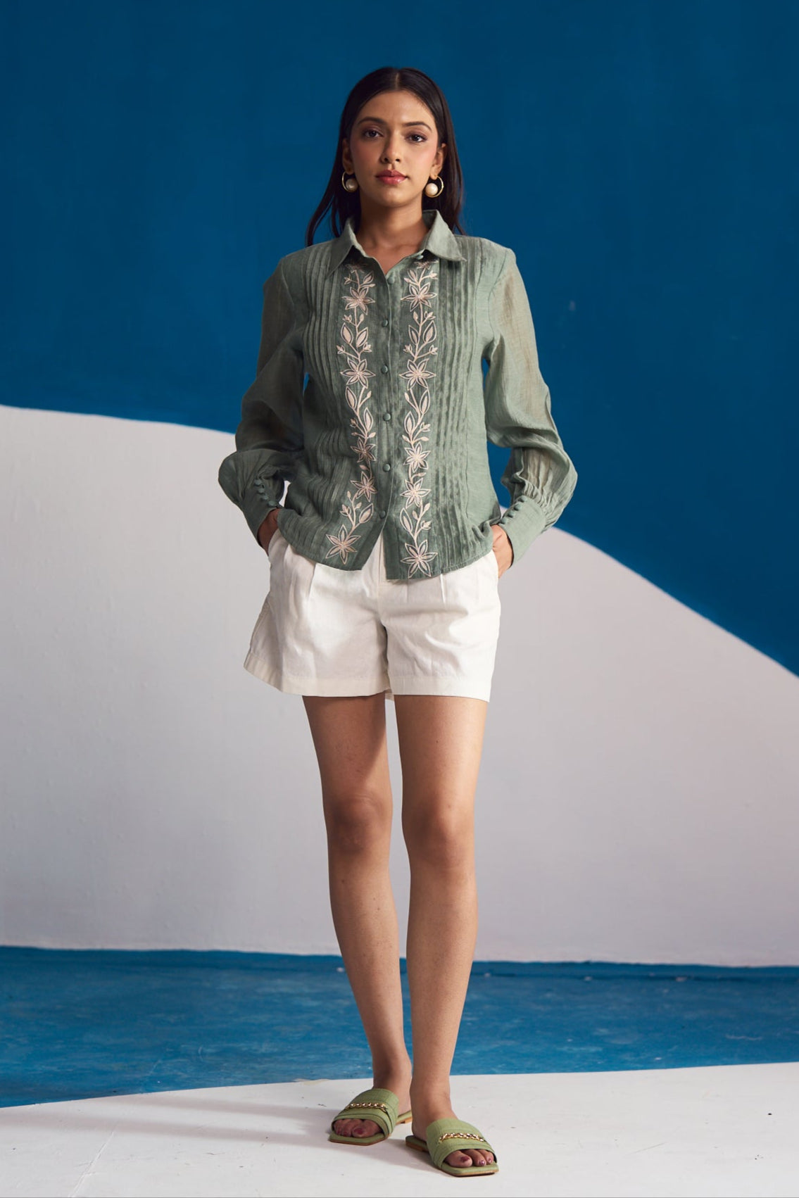 Olive Bloom Embroidered Shirt