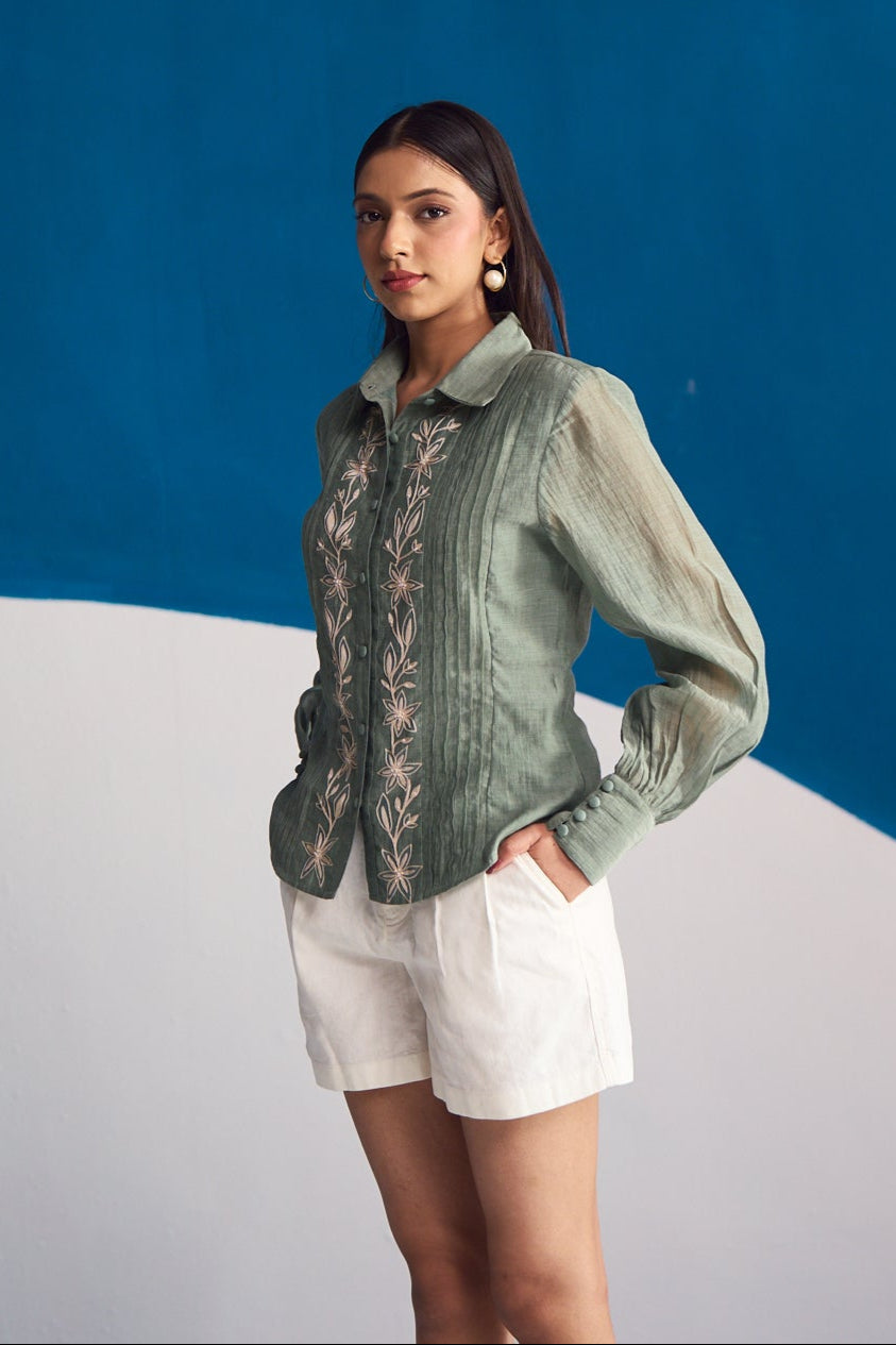 Olive Bloom Embroidered Shirt