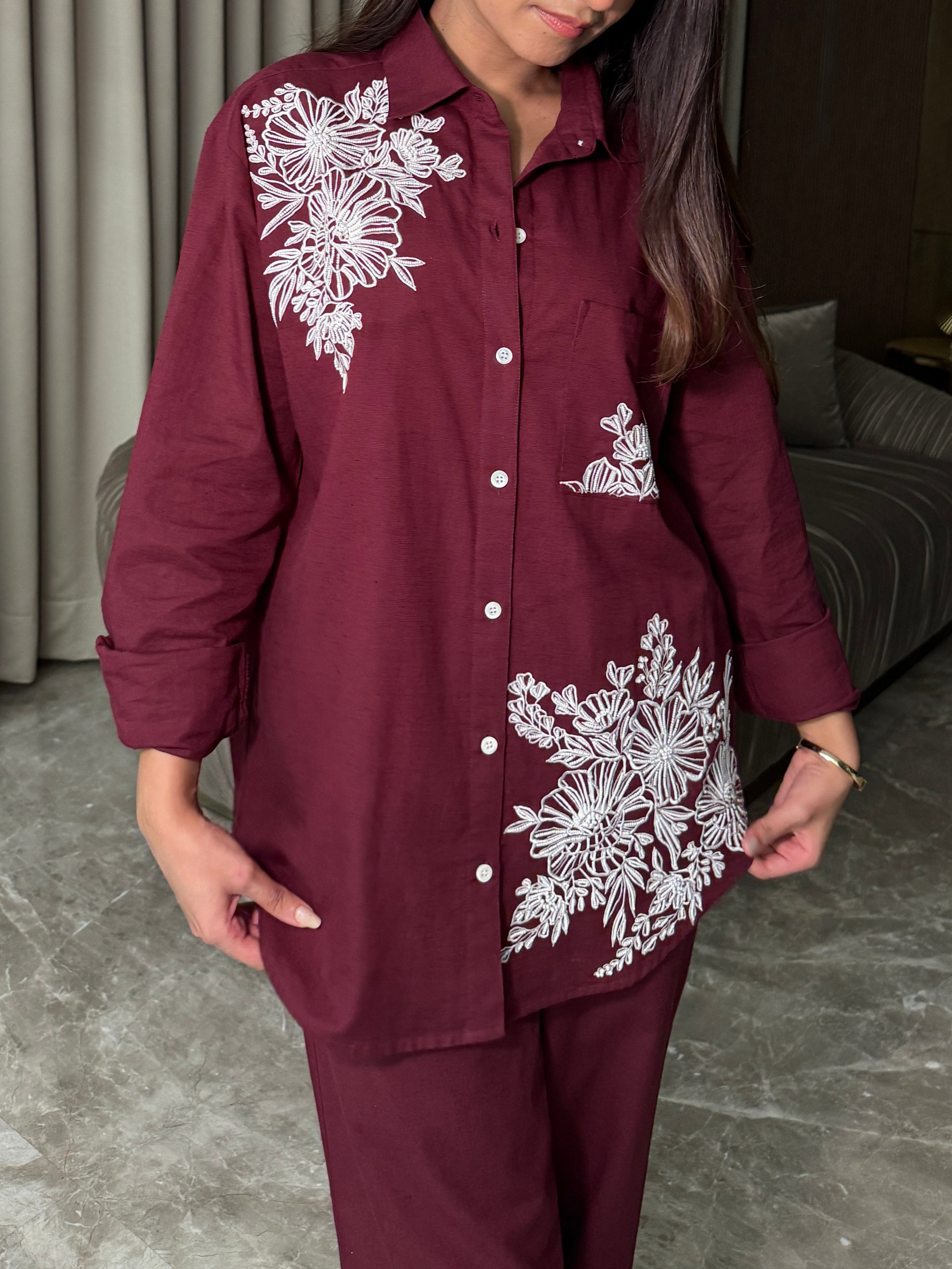 Wine Blossom Embroidered Coord Set