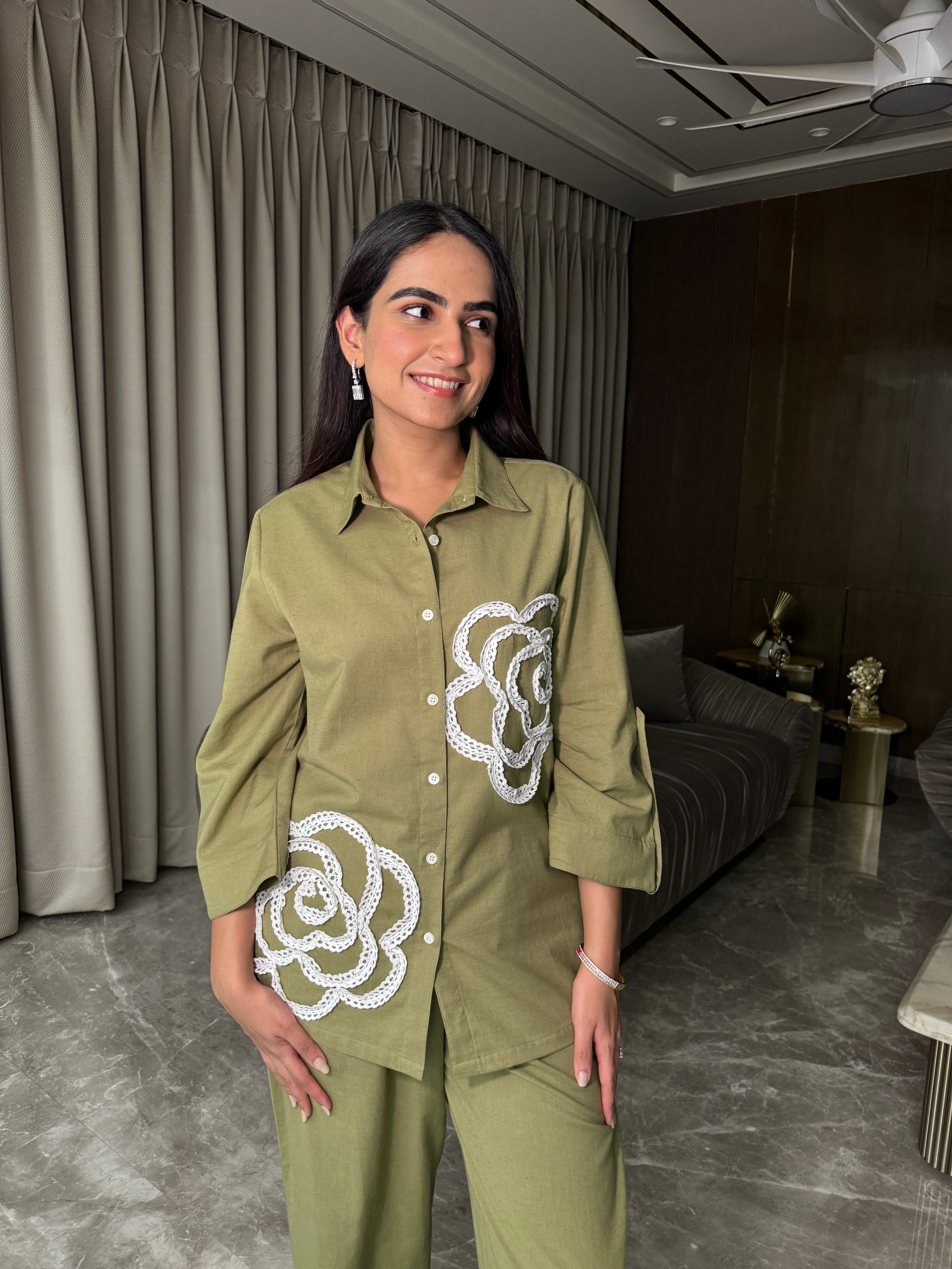 Olive Bloom Embroidered Coord Set