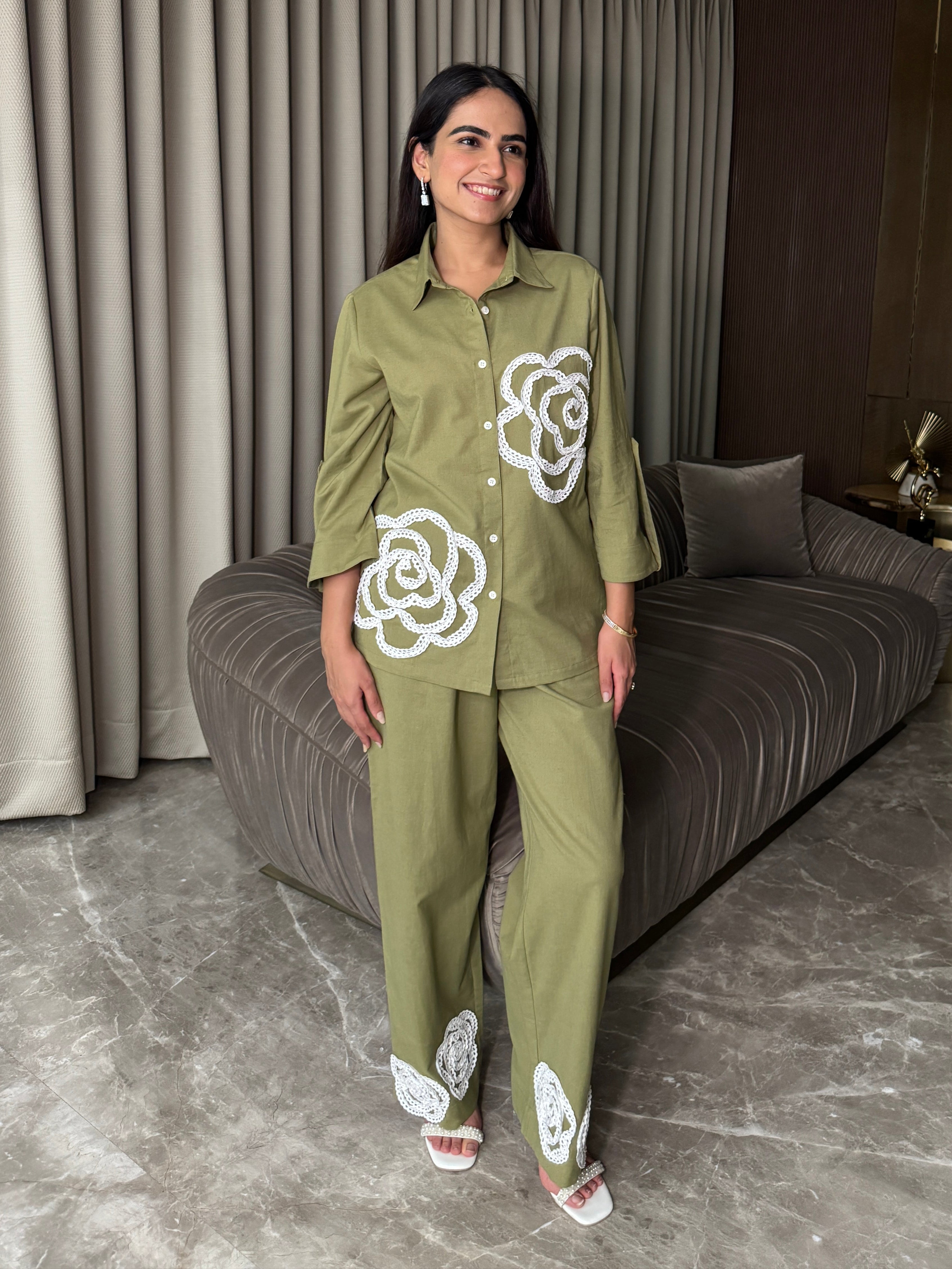 Olive Bloom Embroidered Coord Set
