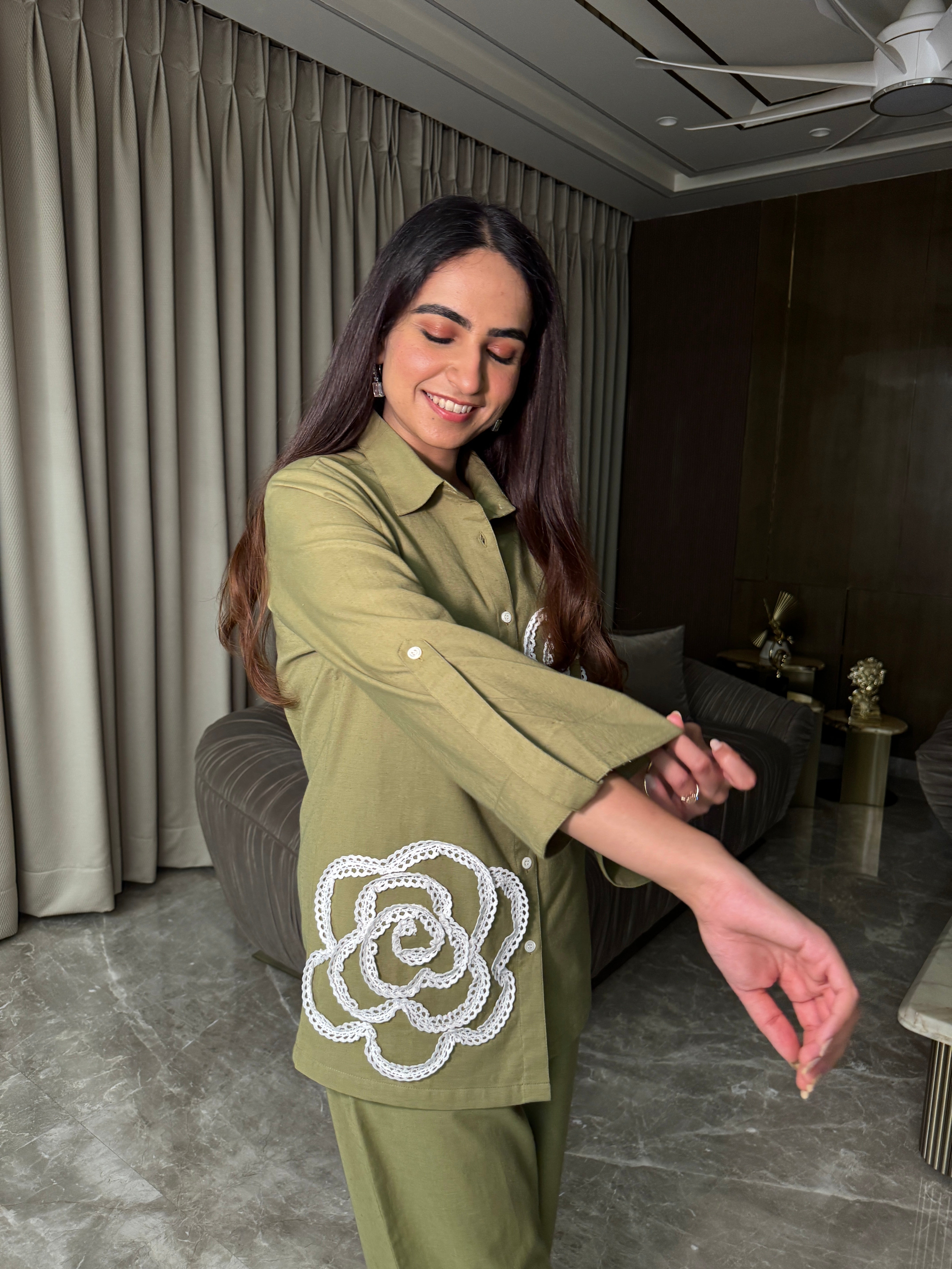 Olive Bloom Embroidered Coord Set