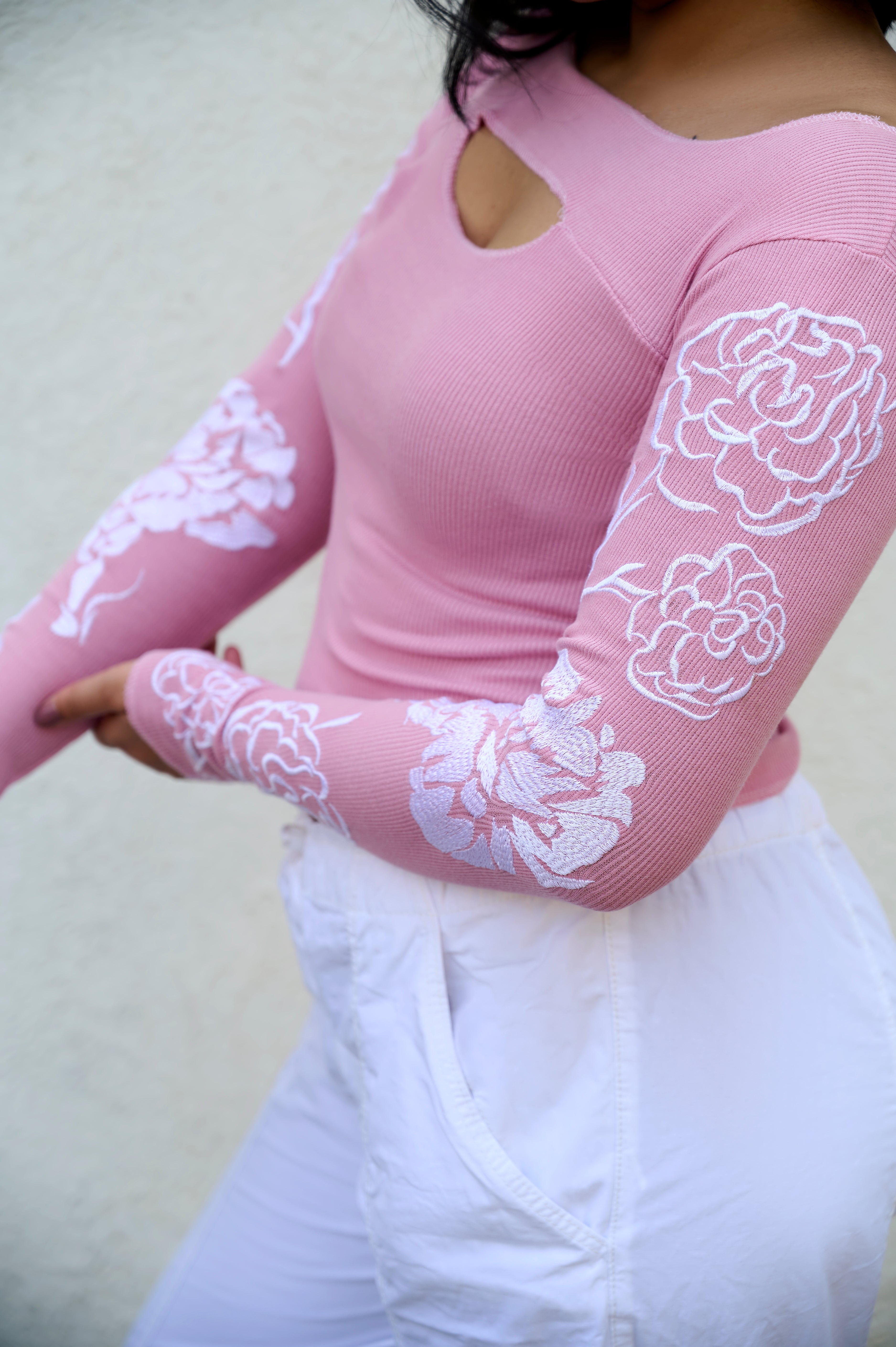 Carnation Pink Top- Sleeve Embroidery