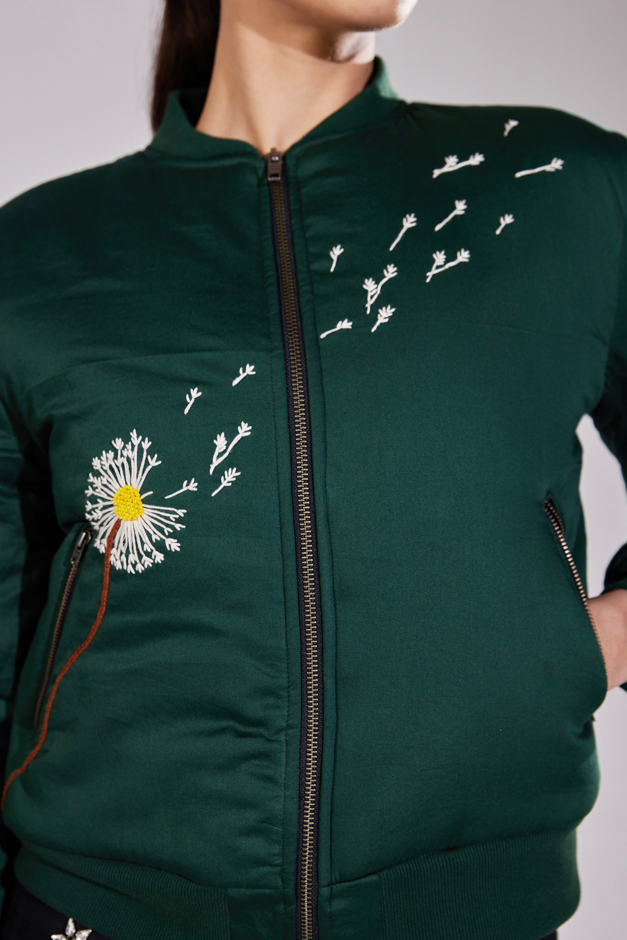 Hand Embroidered Dandelion Bomber Jacket