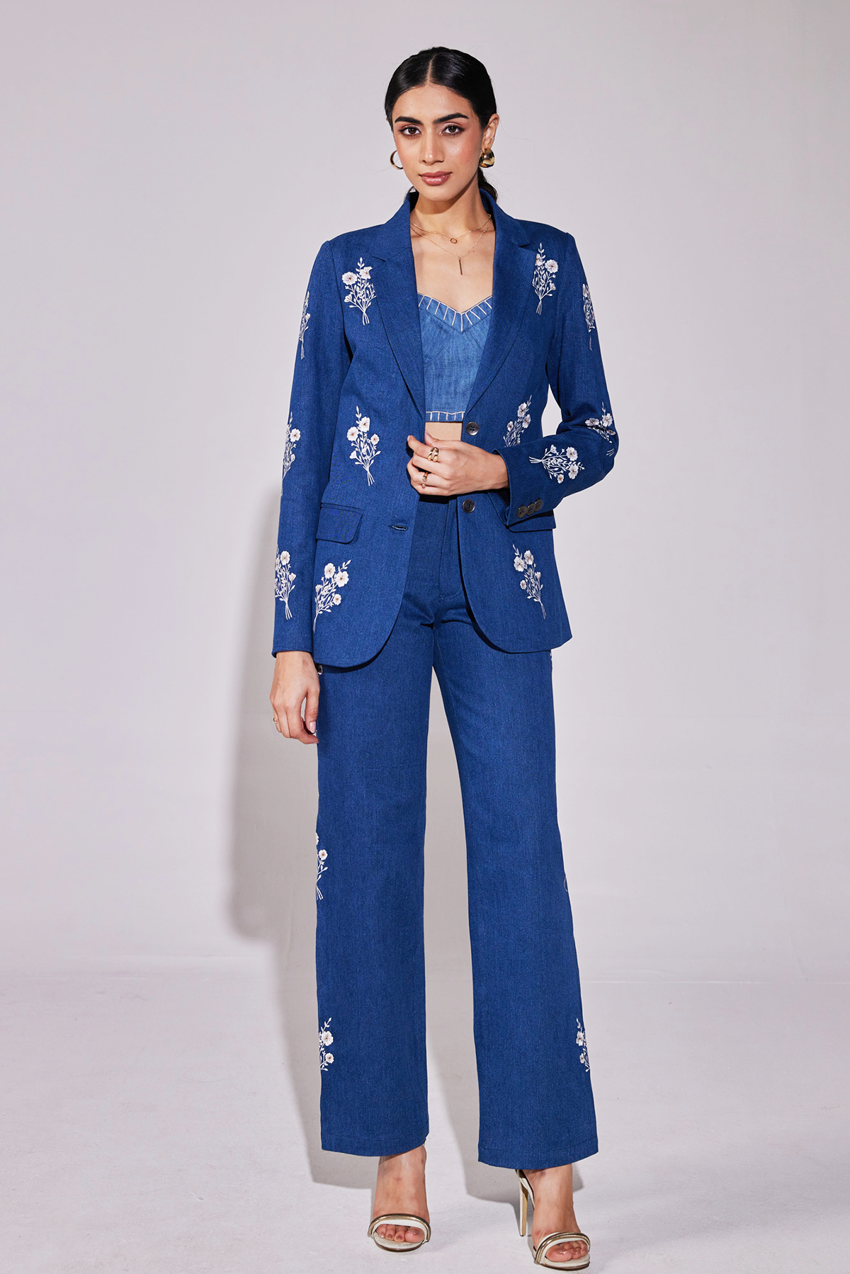 Embroidered Bouquet Denim Suit (Blazer and Pants)