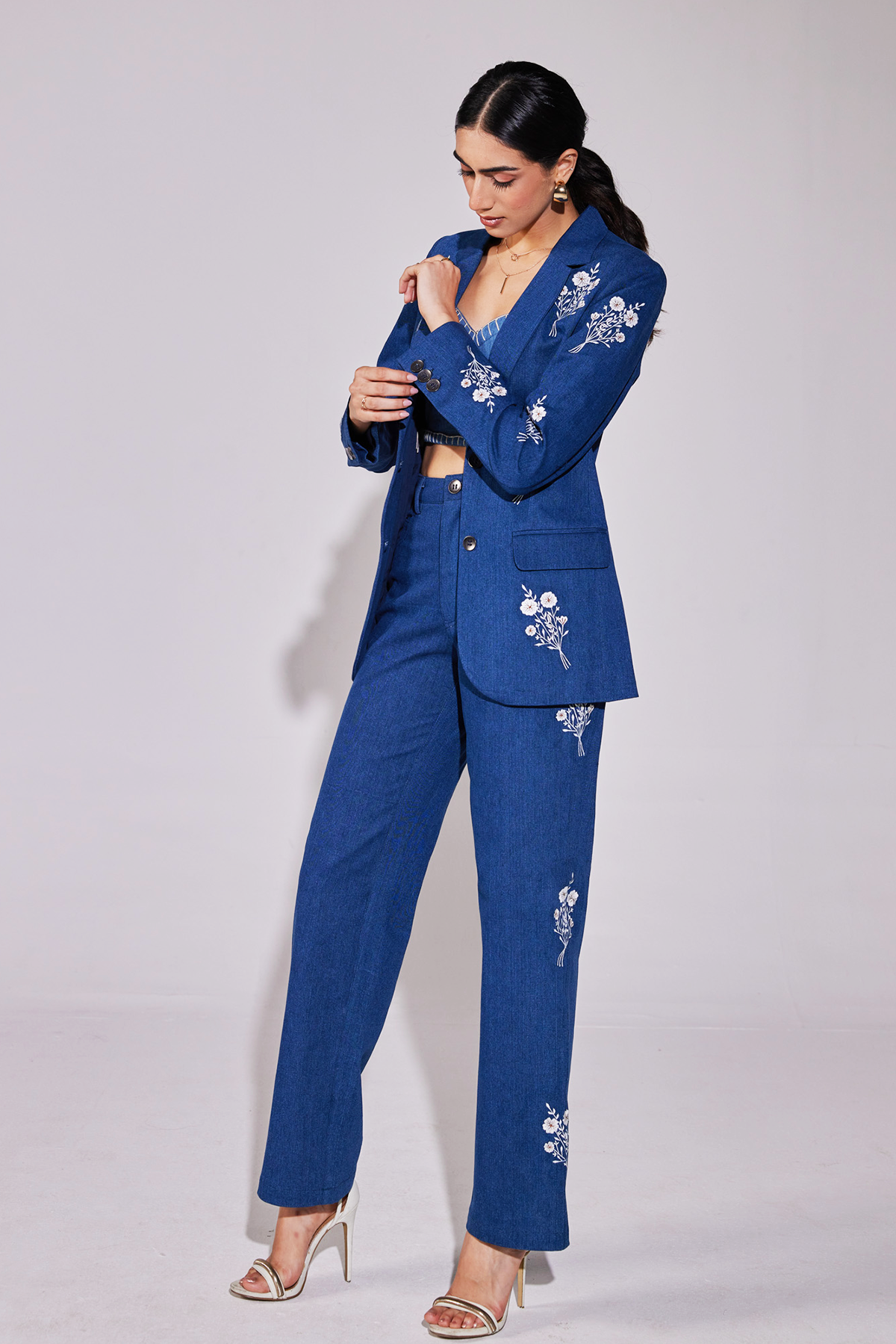 Embroidered Bouquet Denim Suit (Blazer and Pants)