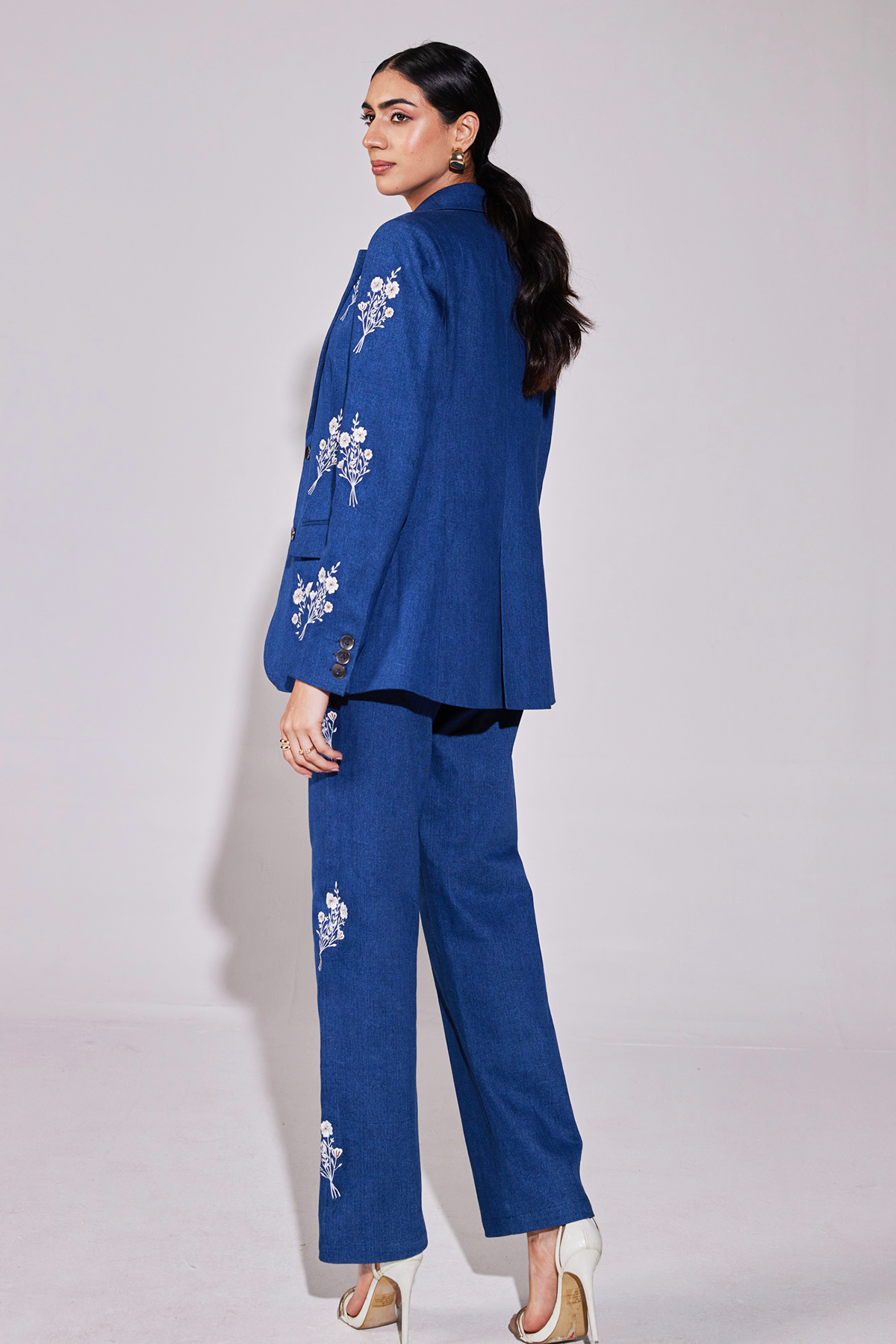 Embroidered Bouquet Denim Suit (Blazer and Pants)