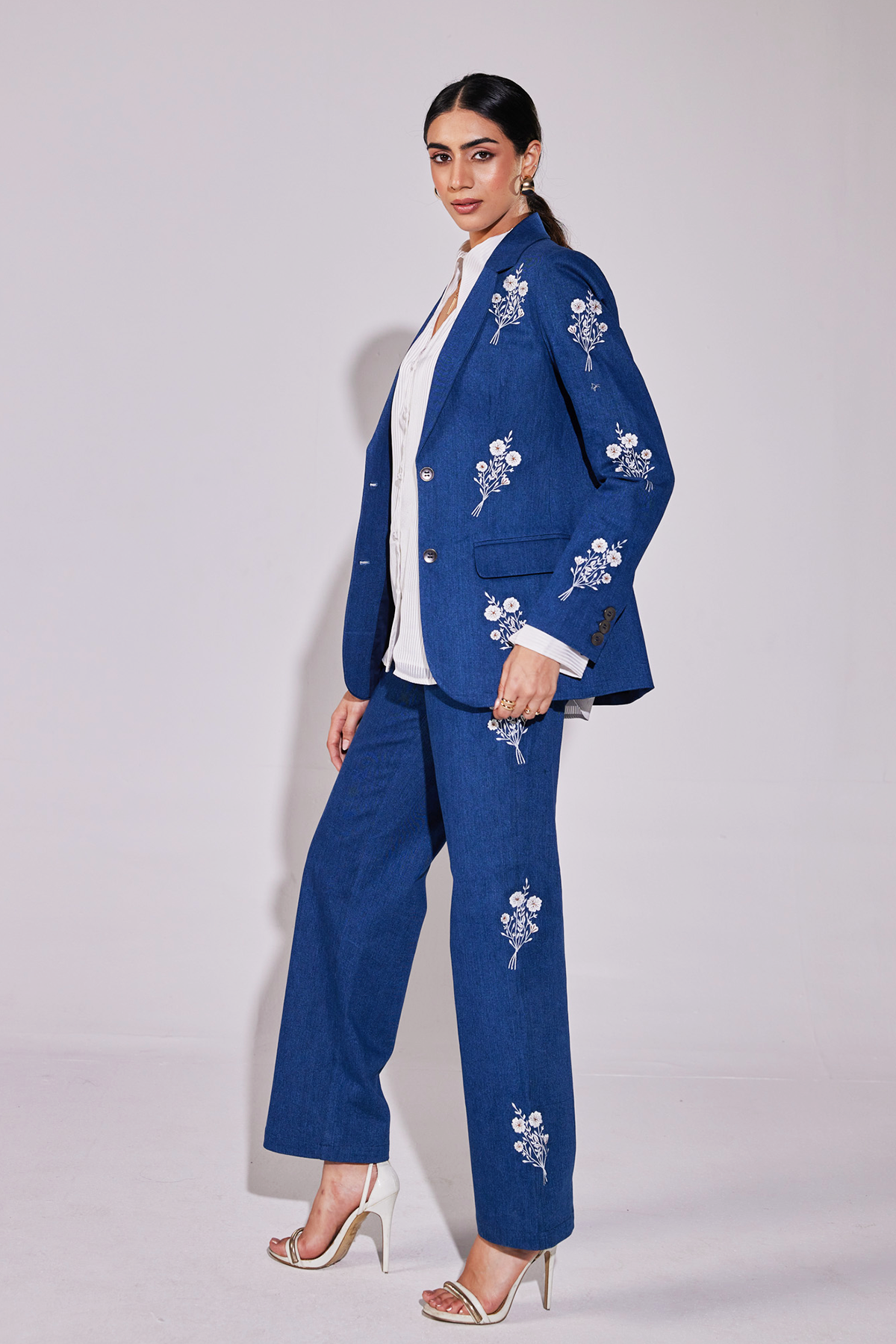 Embroidered Bouquet Denim Suit (Blazer and Pants)